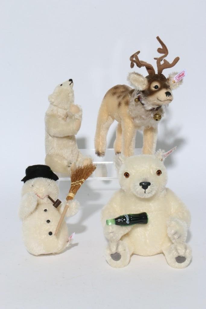 FOUR STEIFF THEME ANIMALS: Steiff Christmas theme animals including reindeer, bears, and snowman Notes:This "Fine Mélange" comes from numerous sources and estates. Here are just some of items this sale includes: charming Steif