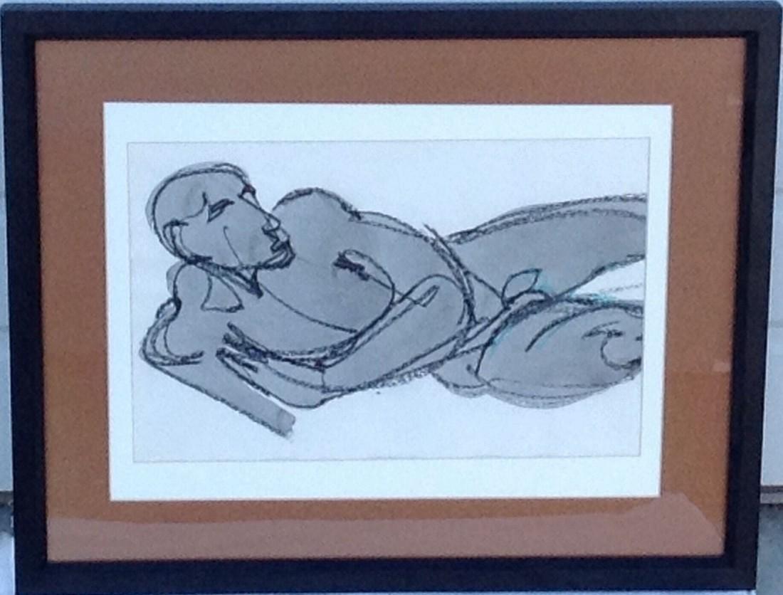 Robert Brown (1917-2009). Painting , framed in glass.: Artist: Robert Brown. (1917-2009) Mix media painting on paper. Dimensions: Framed: 17 1/2" x 21 1/2" Image shown: 9 1/2" x 14 1/2" Few scratches on frame. Full artist bio on sheet attached to verso.