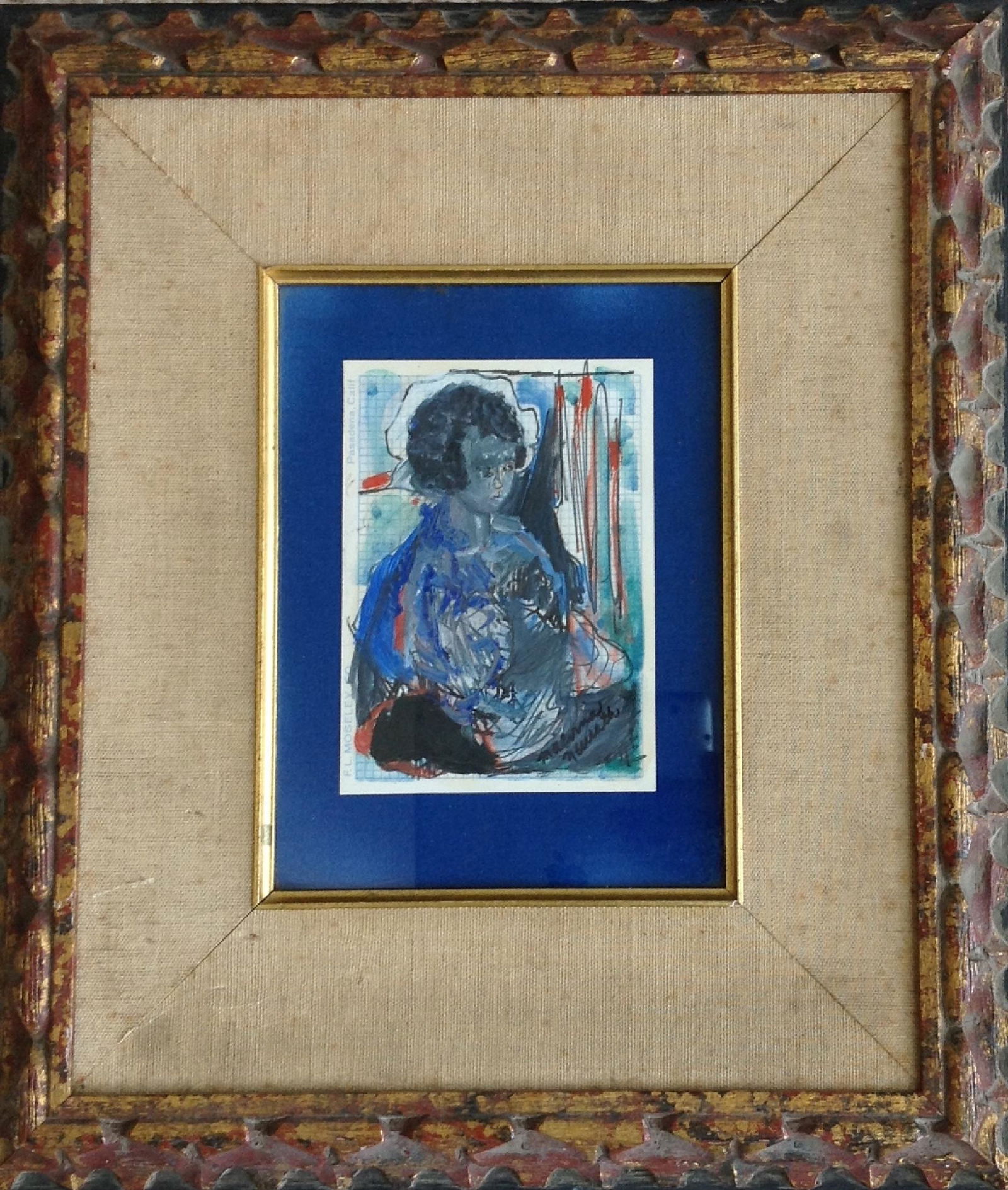 Malvina Neurath- Painting: Malvina Neurath (1909-1944) from the Frank Lloyd Wright Storer House. Mix Medium on paper or card "f.L. Mosely Co Pasaden, CA" Framed w/ glass Dimensions: frame: 14 3/4 x 12 5/8" Art: 5 1/2 x 4" Vinta