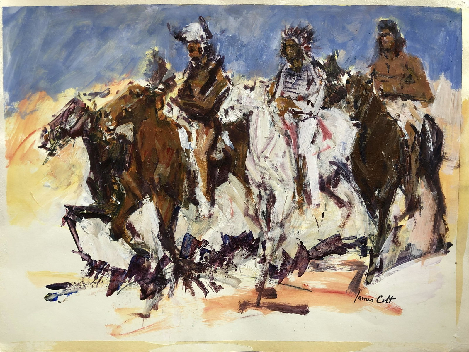 James Colt (1922-2005) Oil painting: James Colt ( 1922-2005) Oil painting on paper. Signed lower right. 18' x 24'. His impressionistic work is easily recognizable. A listed Western artist, he is known for his scene paintings with cowboys