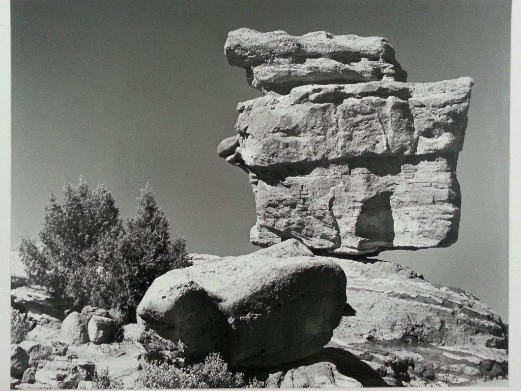 Paul Delmar - "Balancing Rock, Colorado" Vintage: The actual photograph is 10 7/8" h x 13 7/8" l and is mounted on board. The board is 16" h x 20" l. This is a very dramatic vintage photograph that came out of an extensive collection from Ansel Adams