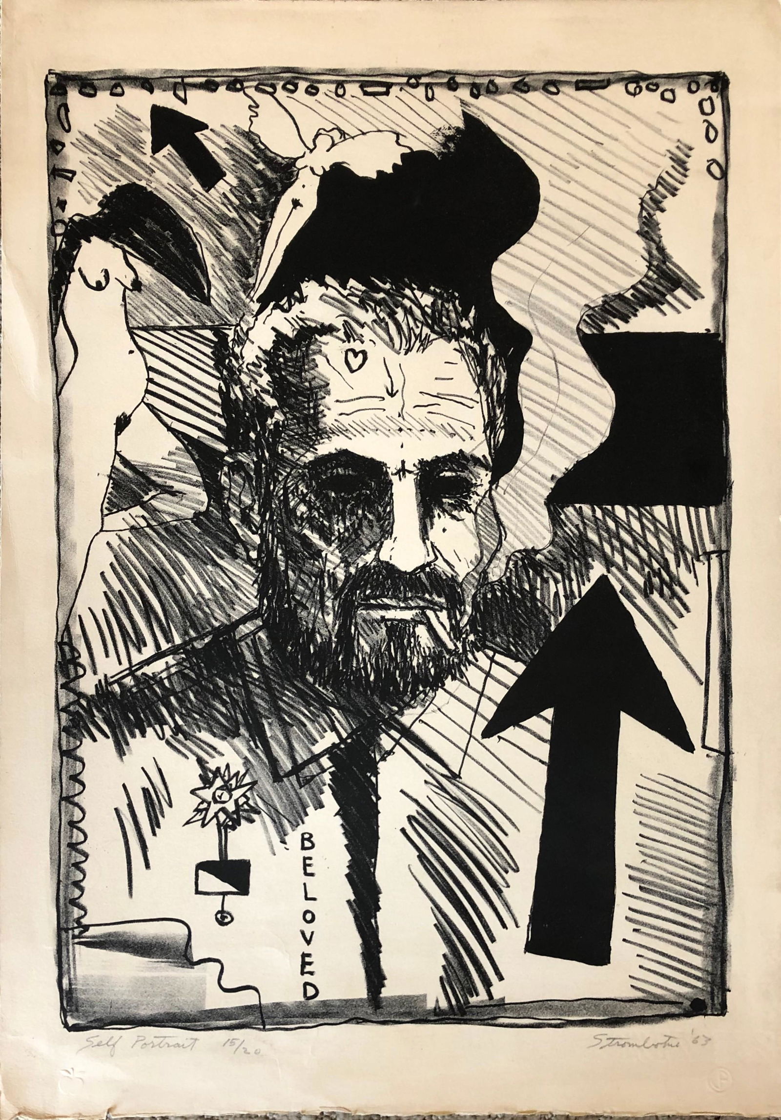 James Strombotne - mid century 1964 lithograph signed: James Strombotne (b. 1934) American Title- Self Portrait Edition 15/20 Signed lower right Dated 1963 Lithograph Rives watermark lower right (2) stamp bottom margin Dimension: 20 x 14" He was awarded G