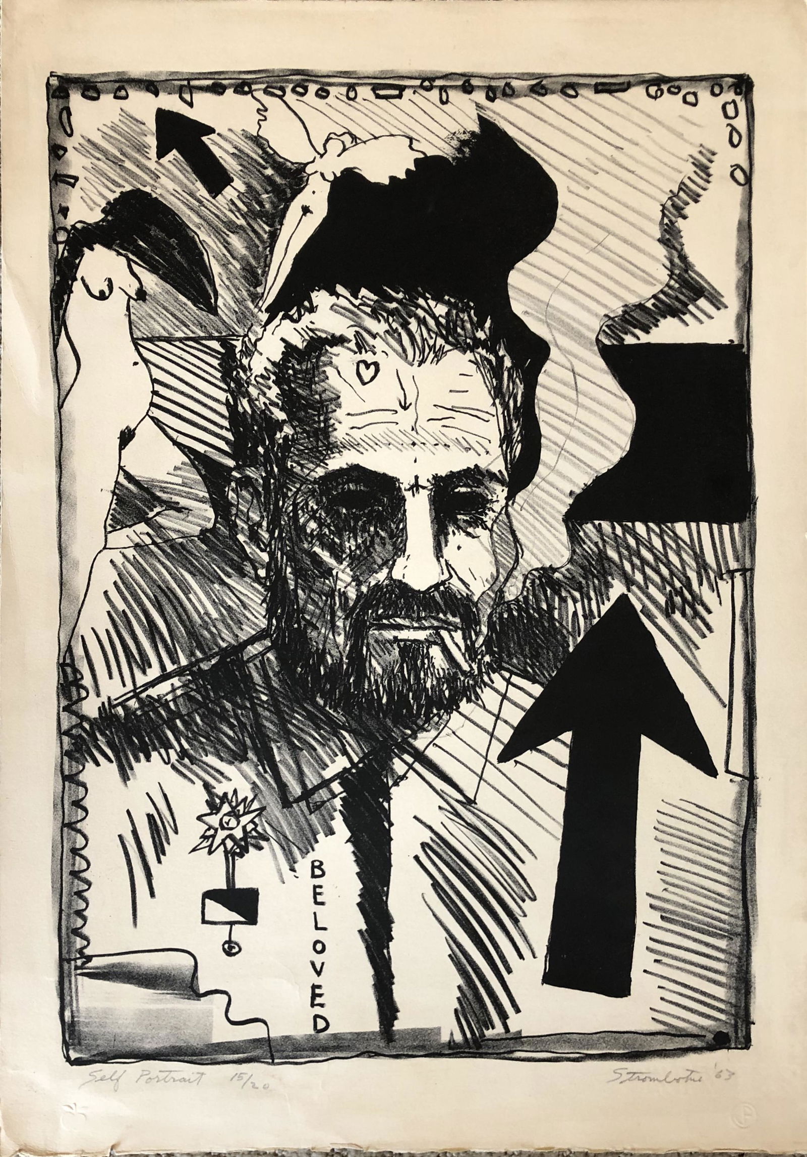 James Strombotne - mid century 1964 lithograph signed: James Strombotne (b. 1934) American Title- Self Portrait Edition 15/20 Signed lower right Dated 1963 Lithograph Rives watermark lower right (2) stamp bottom margin Dimension: 20 x 14" He was awarded G