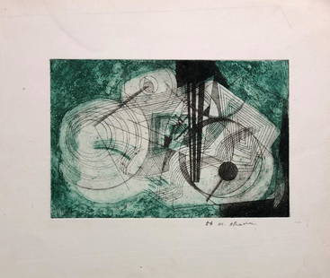 MASUO IKEDA ( 1934-1997) - Color Etching 1956: ARTIST: MASUO IKEDA ( 1934-1997) TITLE: CIRCLES AND WAVES, GREEN AND BLACK SiGNED: YES, SIGNED IN PENCIL TYPE: COLOR ETCHING YEAR: 1956 DIMENSION: SHEET: 8 3/4" x 11" IMAGE: 4 3/4" x u" CONDITION: Gre