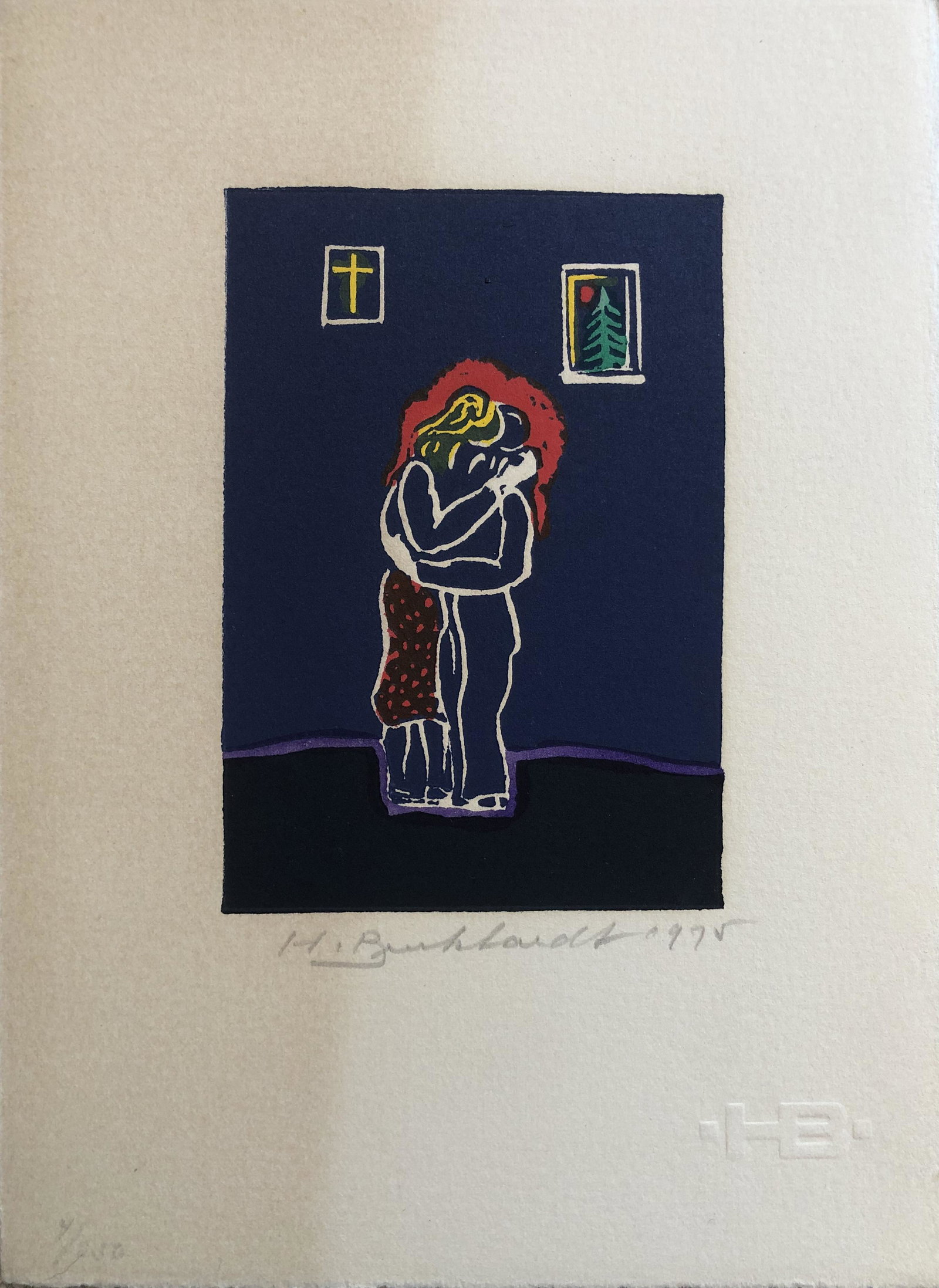 Hans Burkhardt (1919-2011) Swiss / American: Hans Burkhardt - Linocut - Signed / Dated 1975 Watermark " HB " lower right. Edition 4 /250 Sheet: 7 1/2 x 5 1/2 Image: 4 1/4 x 3