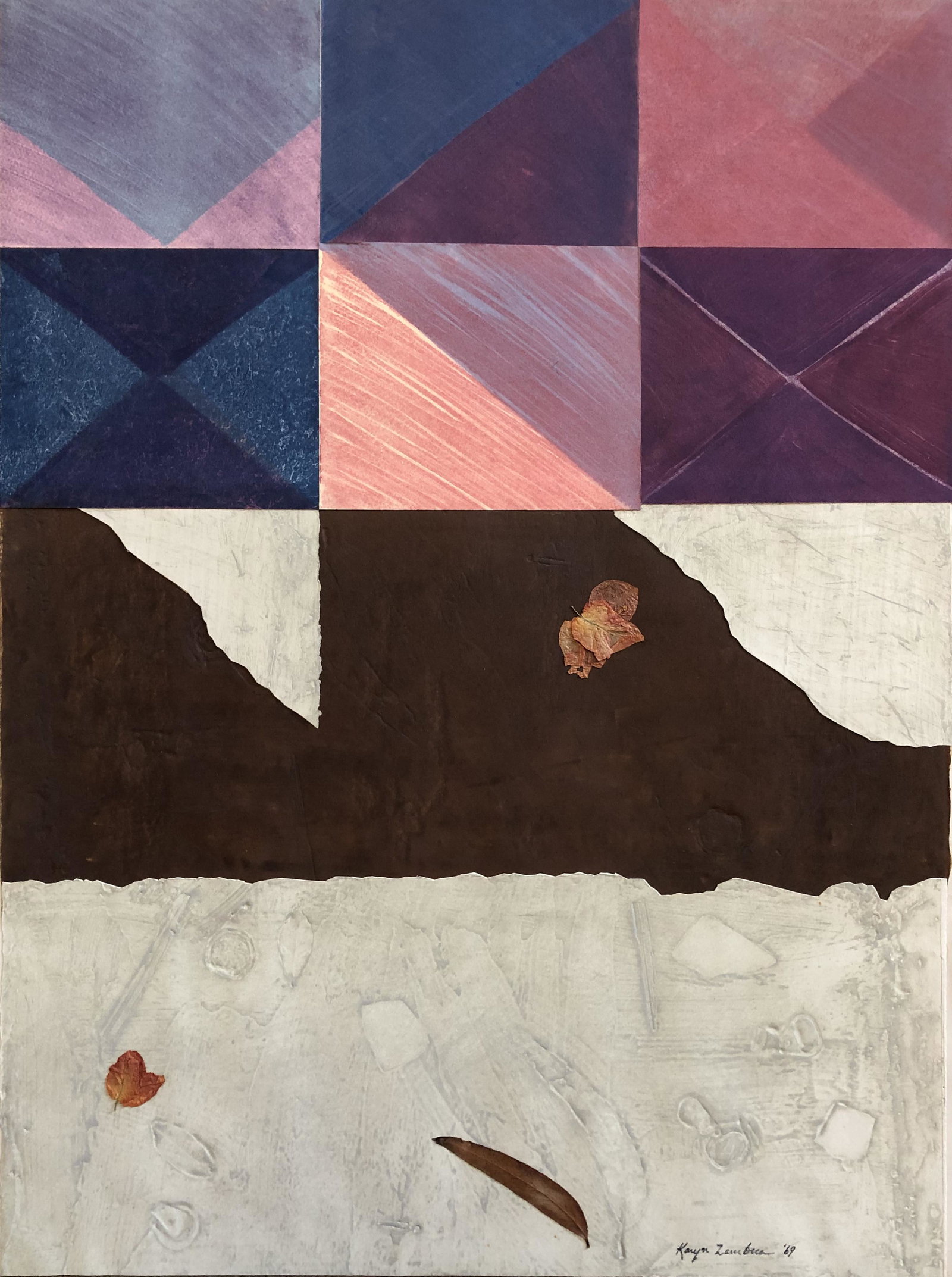 Karyn Zarubic - Mid Century Painting / Collage: Karyn Zarubica Type: Painting, Collage and Intaglio Signed lower right Year: 1969 Provenance: Acquired direct from the artist family Dimension: 29 1/3 x 22" Beautiful work and colors.