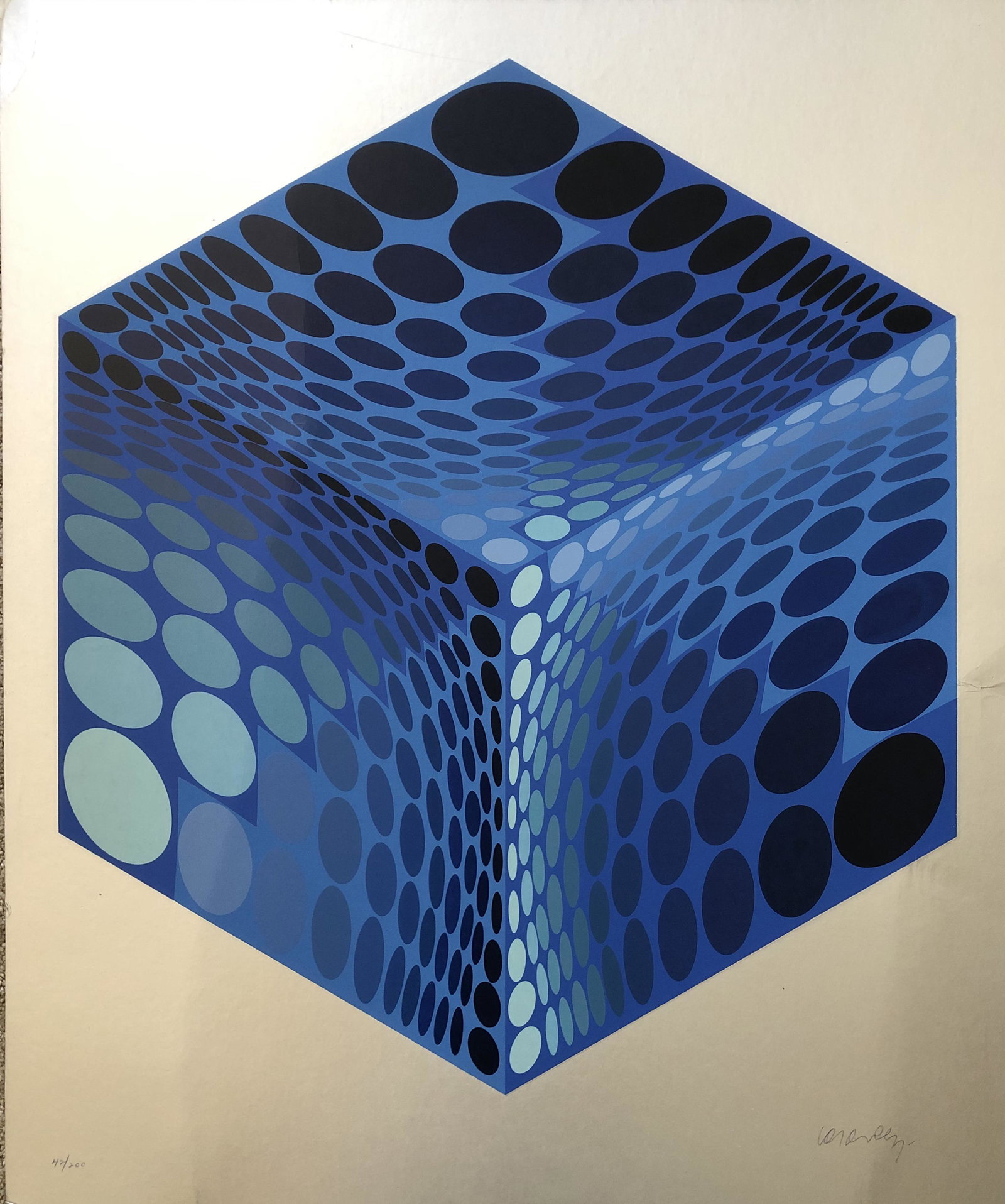 Victor Vasarely (1906-1997)- Color Serigraph Signed: Victor Vasarely (1906-1997) Vasarely is known as the leader of the Op Art "Blue Cube" Color Screenprint, Signed lower right. 42 / 200 26 x 21 1/2