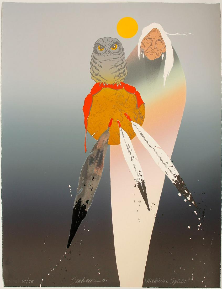 Medicine Spirit - Serigraphy by Bert Seaborn: Striking serigraph of a man, an owl, and sun with vivid feathers. #61/75. Signed by artist. 29x22" City: State: Date: 1981. Bert Seabourn (born 1931) is an American expressionist painter, kn