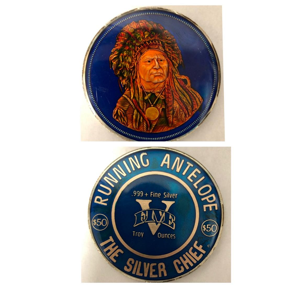 The Silver Chief Enameled Round: Running Antelope. The Silver Chief. Enameled Silver Round. 0.999+ Fine Silver. 5 Troy Ounces