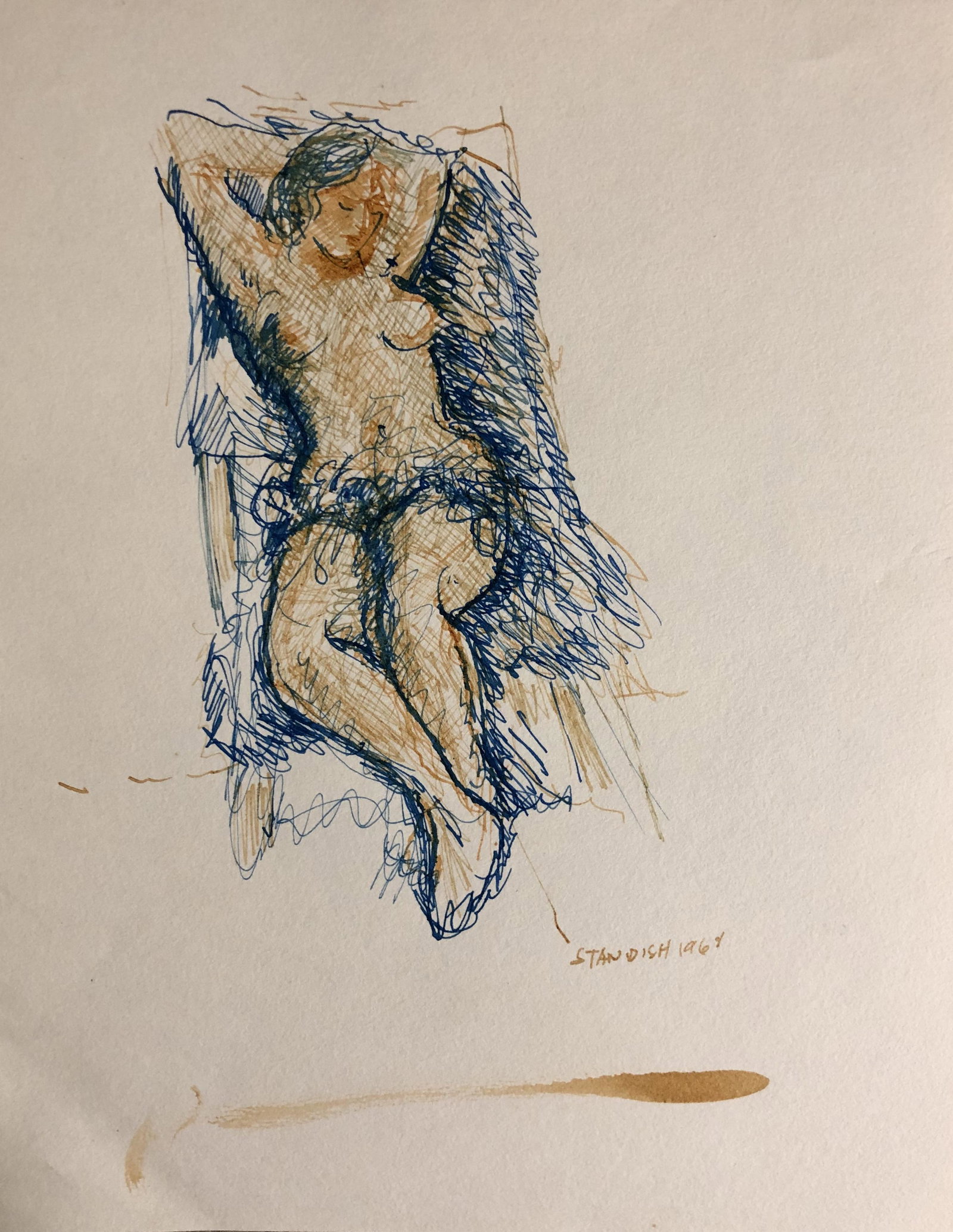 Schuyler Standish ( 1927-2010): Schuyler Standish -Nude woman sketch in color ink on paper. size: 9 x 7" signed lower right . date 1964. This is quite a scarce work and would look great framed. Standish was not just a great artist, 