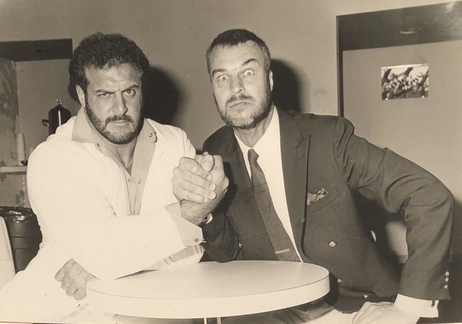 Lyle Alzado and Richard Moll of Night Court - 1986 -: Taken May 24, 1986 by noted photographer Scott Downie w/ photographer stamp and description verso. 9x7 on Kodak paper.