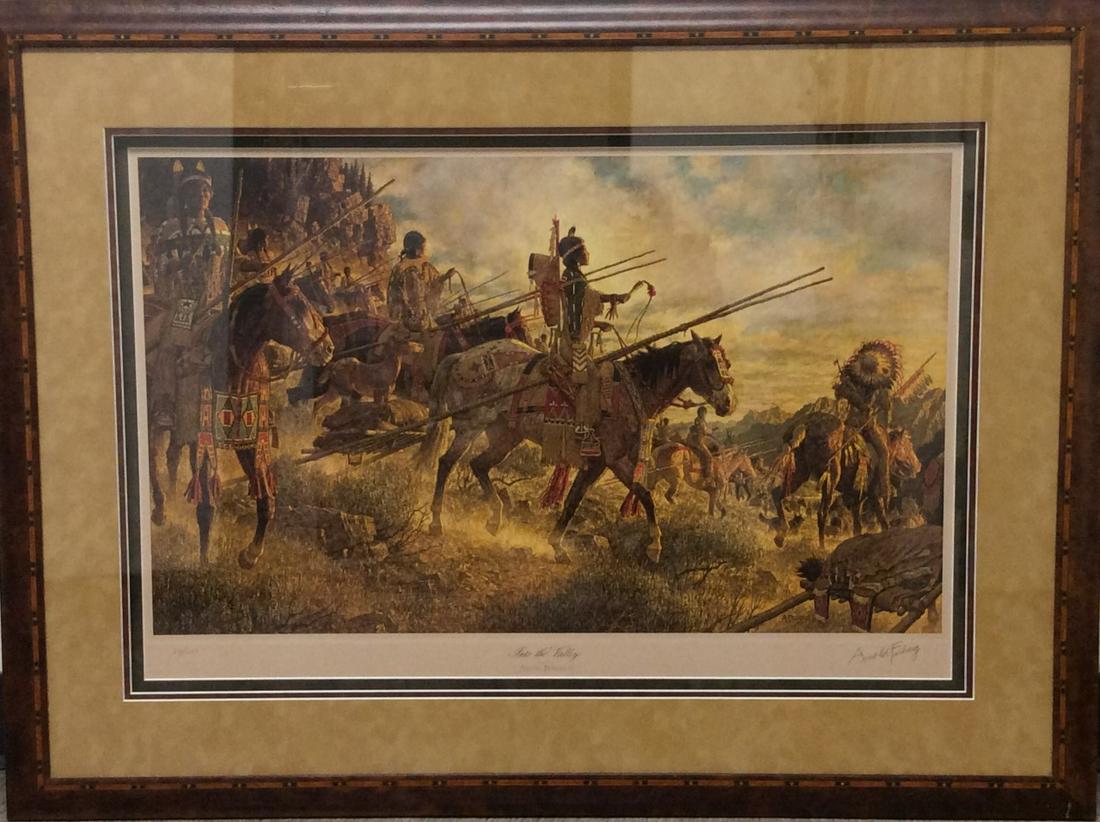 Into the Valley by Arnold Friberg: Image is 17.5" X 29.5" on a 2" wooden frame that measures 31.5" x 41". 672/1250. Indian men wanted their women to present a fine appearance on horseback. As a result, women's horse gear was much more