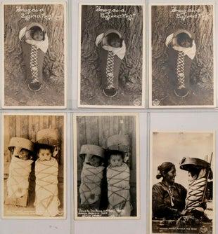 Navajo Native Cradles: 6 pictures of Navajo babies in cradles. Navajo babies are kept in papooses or native cradles that are still used today. Materials that are used include pine or cottonwood for support and buckskin is u
