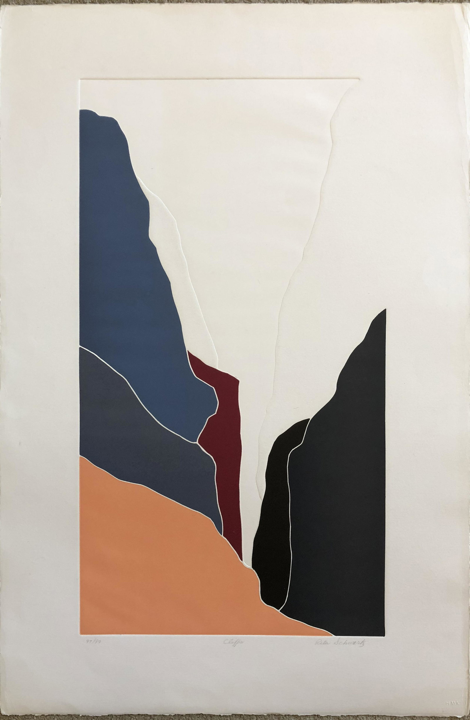 RITA SCHWARTZ - "CLIFFS"- Hand signed print intaglio-: Artist: RITA SCHWARTZ Title: Cliffs Type: Colored INTAGLIO print - technique in which the image is incised into a surface and the incised line or sunken area holds the ink which is the direct opposite