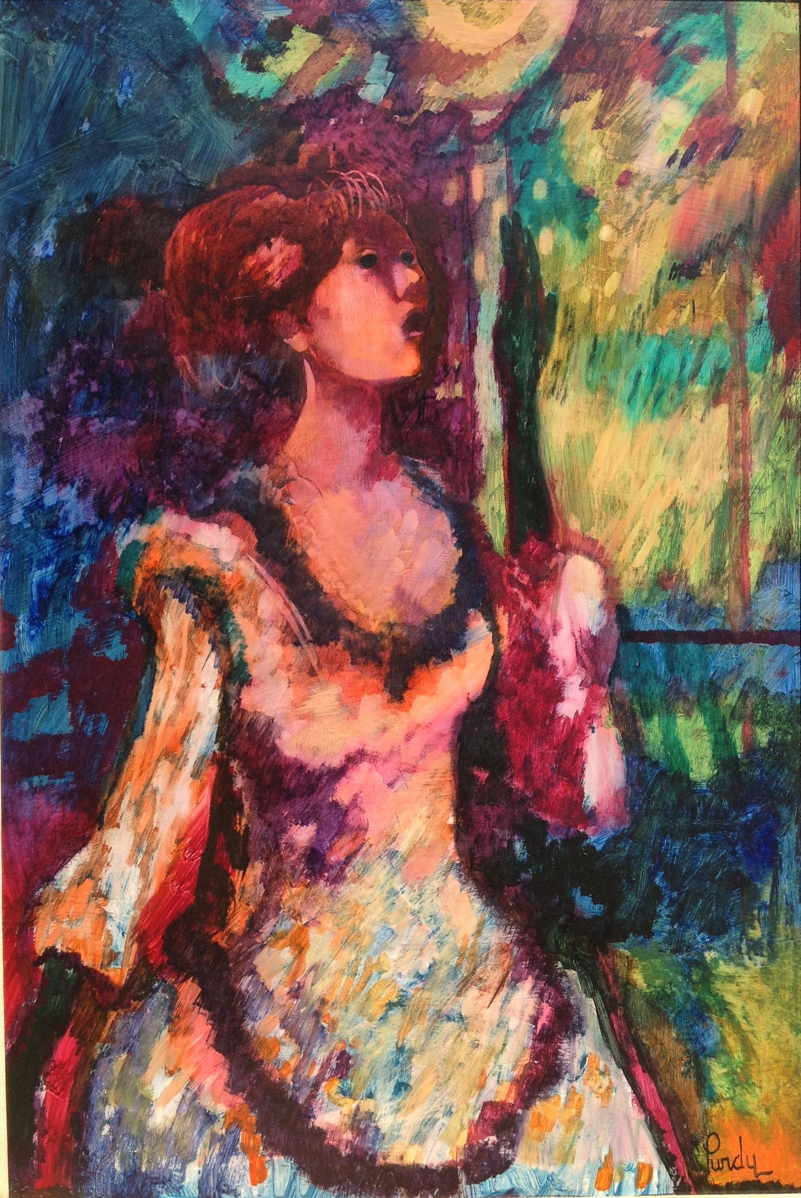 Donald Purdy -MODERNIST-OIL PAINTING "Singing Lady": Artist : Donald PURDY ( 1924- ). Connecticut Title: Singing Lady Type: Oil Painting on Masonite board Framed: Yes. . Few very minor chip/scratches edges of frame only Signed: Yes 20th century Connecti