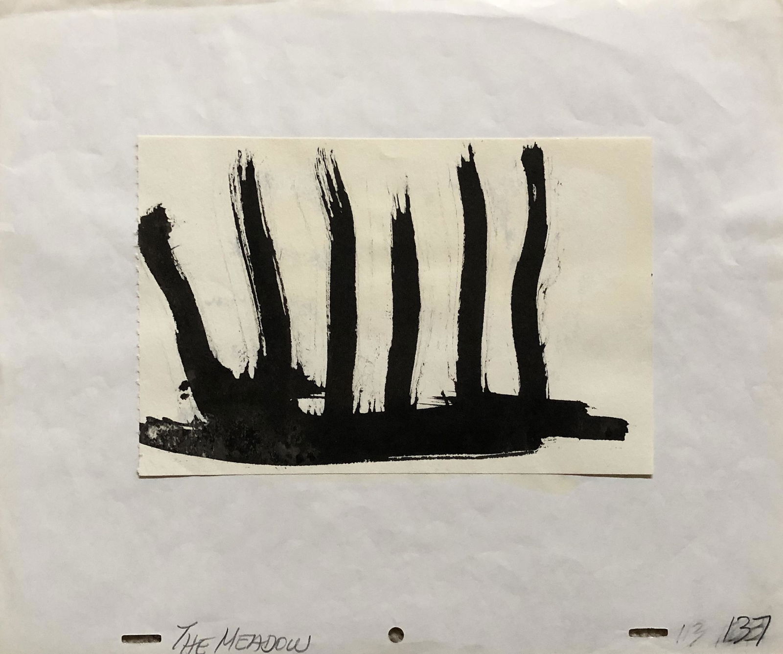 Jules Engel (1909-2003): Jules Engel - Painting on animation production paper. Signed verso . Great abstract original work by Engel. Titled: The Meadow. Sheet: 10 1/2 x 12 1 /2 site 5 1/4 x 8"