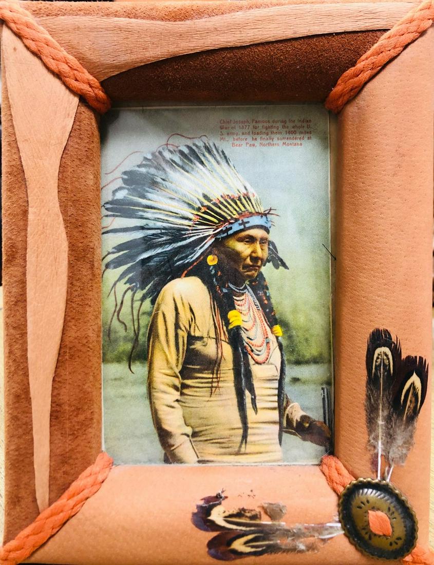 Framed Postcard of Chief Joseph in Leather frame (1 of 1)