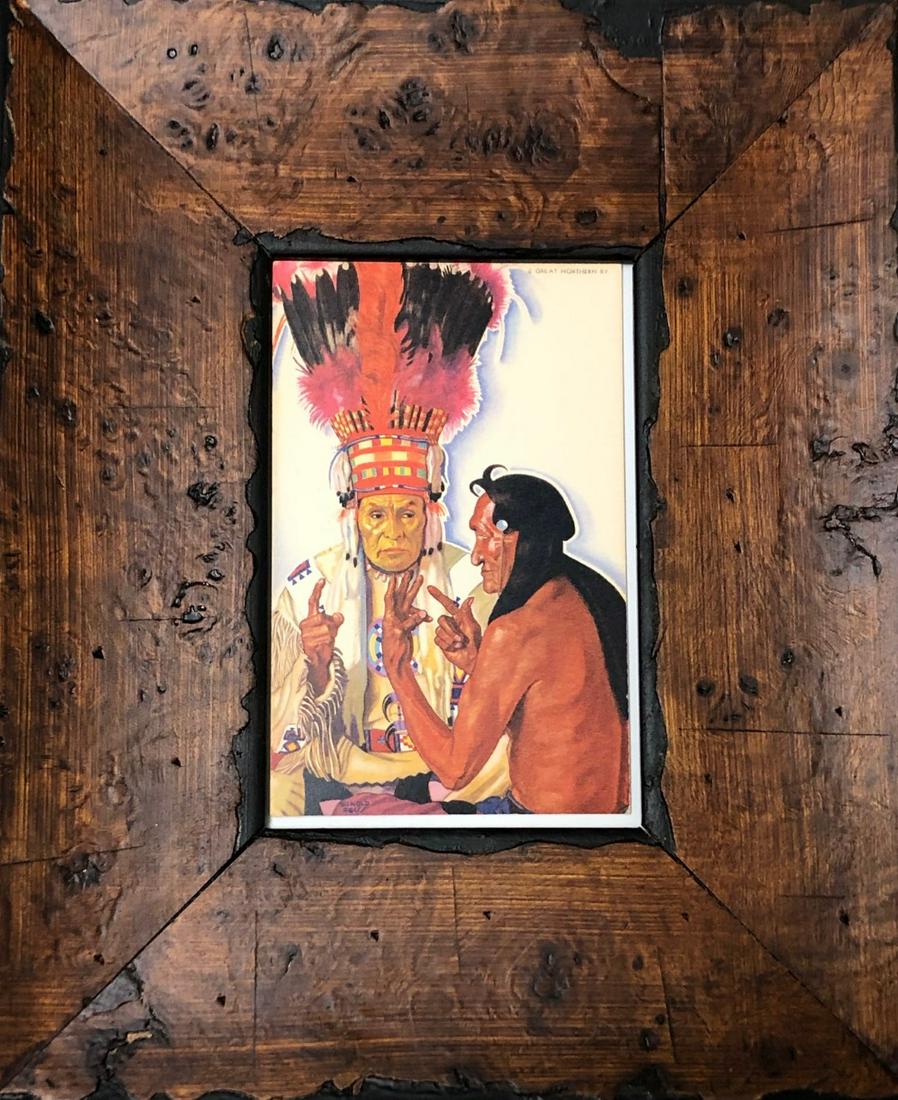 The Sign Talker: Blackfeet Indian Chieftains. Old Medicine Man "No Runner" and his fellow tribesman "Hair Coat," in ceremonial paint and head-dress converse in sign language. The Blackfeet Indian Reservation adjoins G