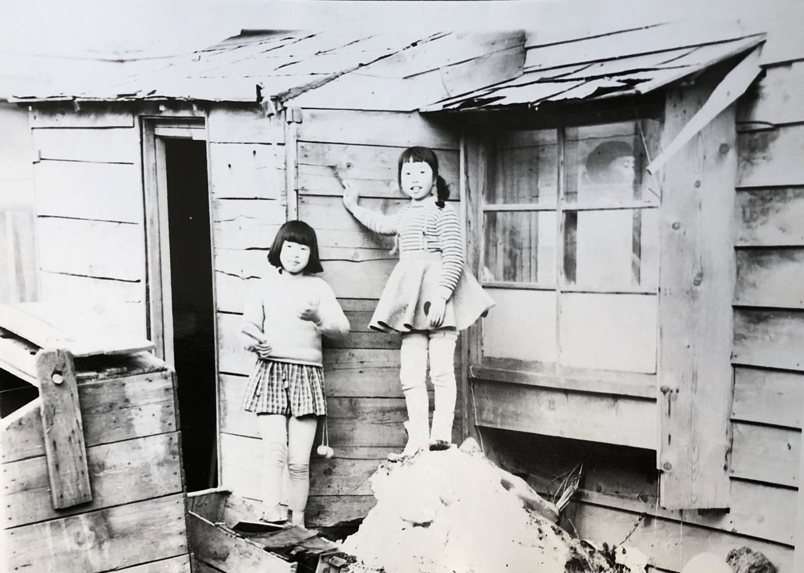 Japan c 1950's Couple girls in front of home (1 of 1)