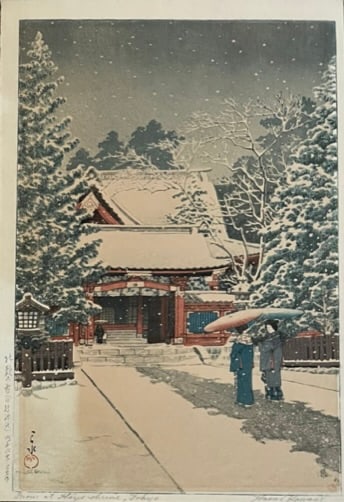 Hasui Kawase ( 1883-1957) Snow at The Shrine - Rare Woodblock (1 of 4)