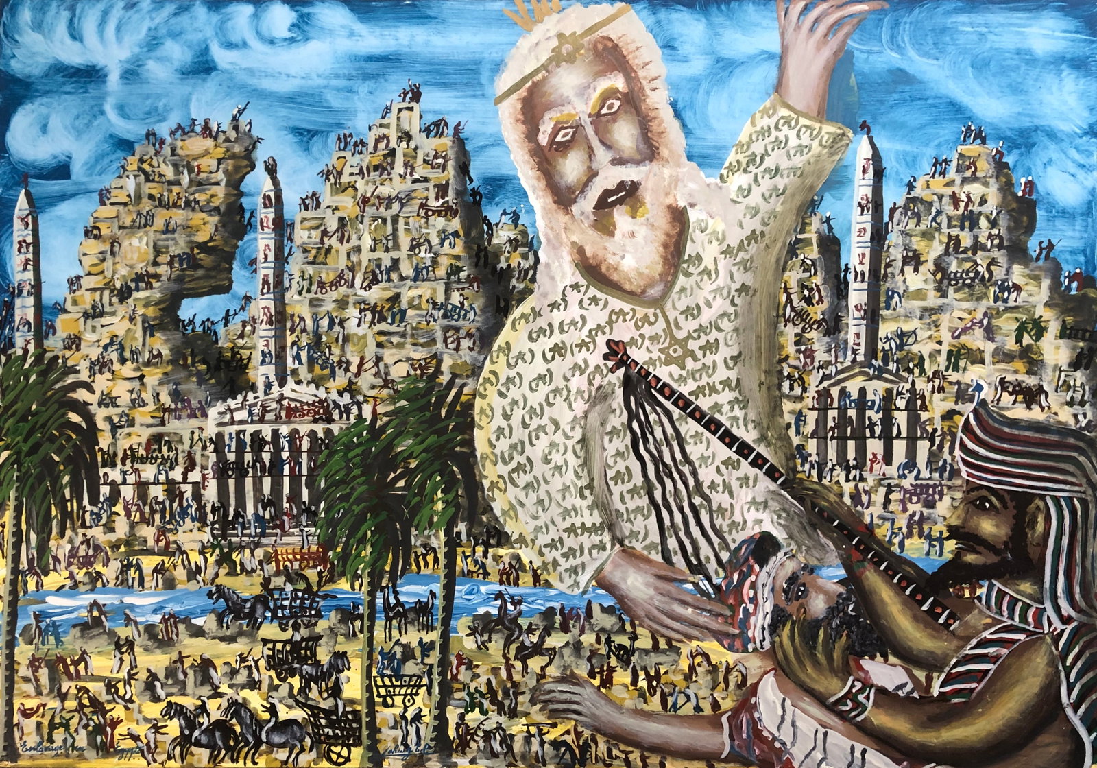 Gabriel Cohen - painting: Gabriel Cohen (1933 - 2017) Israel/France Oil Painting on Paper - signed and inscribed lower right. Title: Moses and The Slaves in Egypt Dimension: 27 1/2 x 39 1/4. Provenance: Michael Hittleman Galle