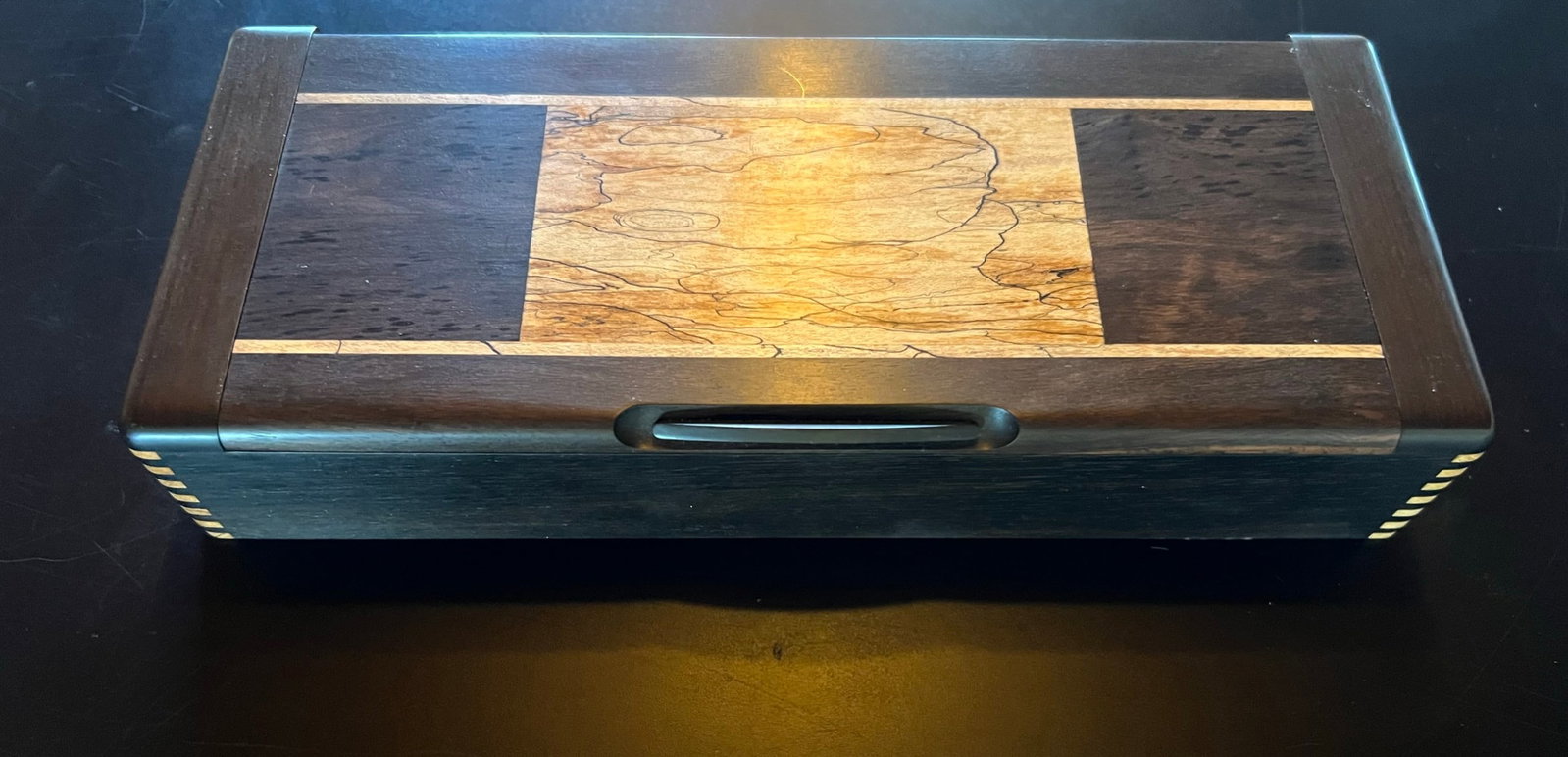 Philip Weber: Philip and Chris Weber- Beautiful wood box w inlaid woods, designed and built my master artistan of 40 plus years. Box has a suede interior bottom. The artist and year '91 is etched into the base. Phi