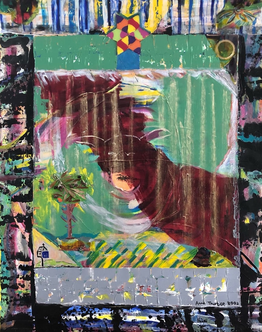 Anna Thurber: Anna Thurber - Mix Medium on canvas (Oil / Collage). Signed and dated 2001. Dimensions: 39 1/4 x 31 1/2"