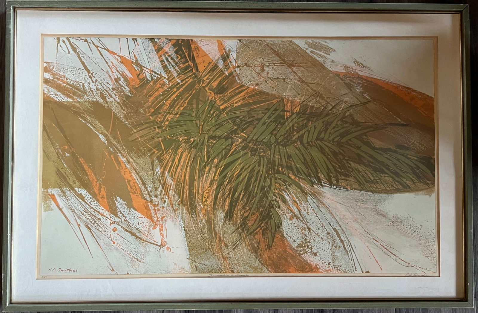 Robert Alan Smith- mid century1963 serigraph signed: Robert Alan Smith - Title : Summer foliage Signed lower right and dated '63 in pencil. Print: 21 1/2 x 36" Frame : 27 x 41" vintage frame. Great vivid colors ! He was born in 1927 in Pasadena. His wor