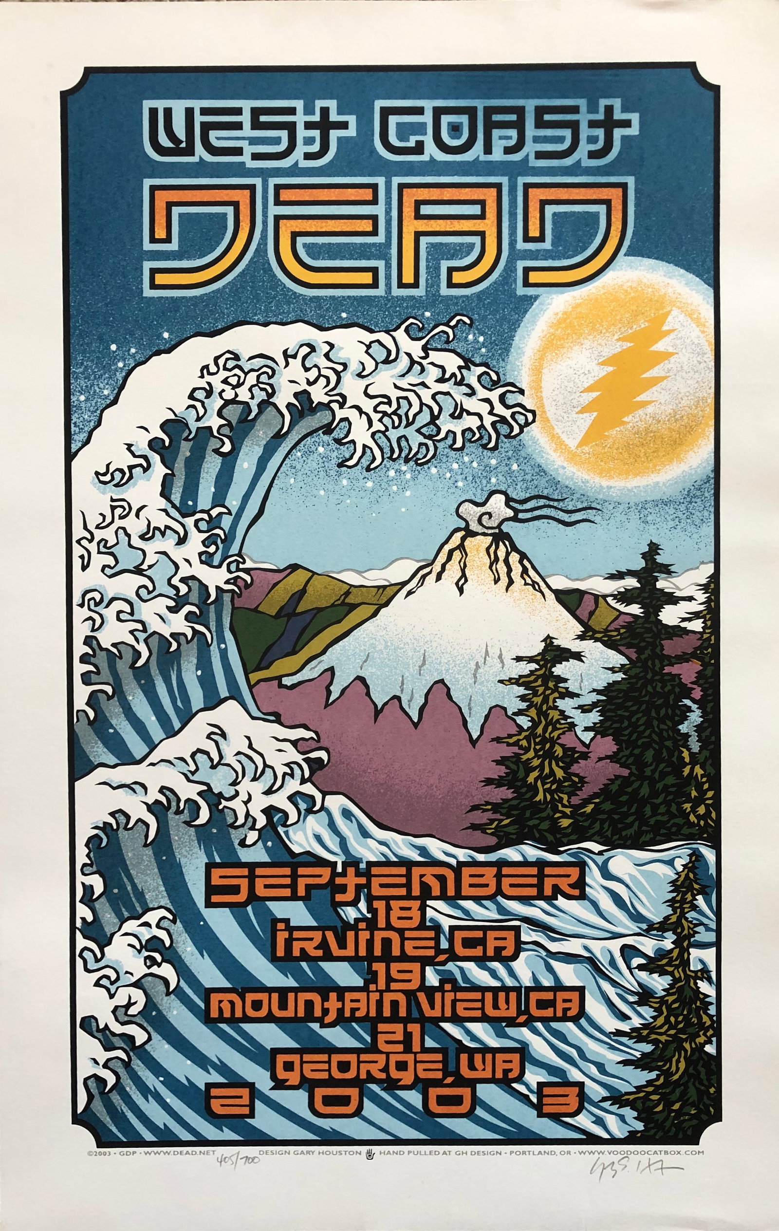West Coast Dead-Gary Houston screenprint signed / numbered: West Coast Dead - screenprint. Hand pulled Gary Houston design. Year : 2003 Edition 405 / 700 Signed ! 25 1/4 x 16 1/4"
