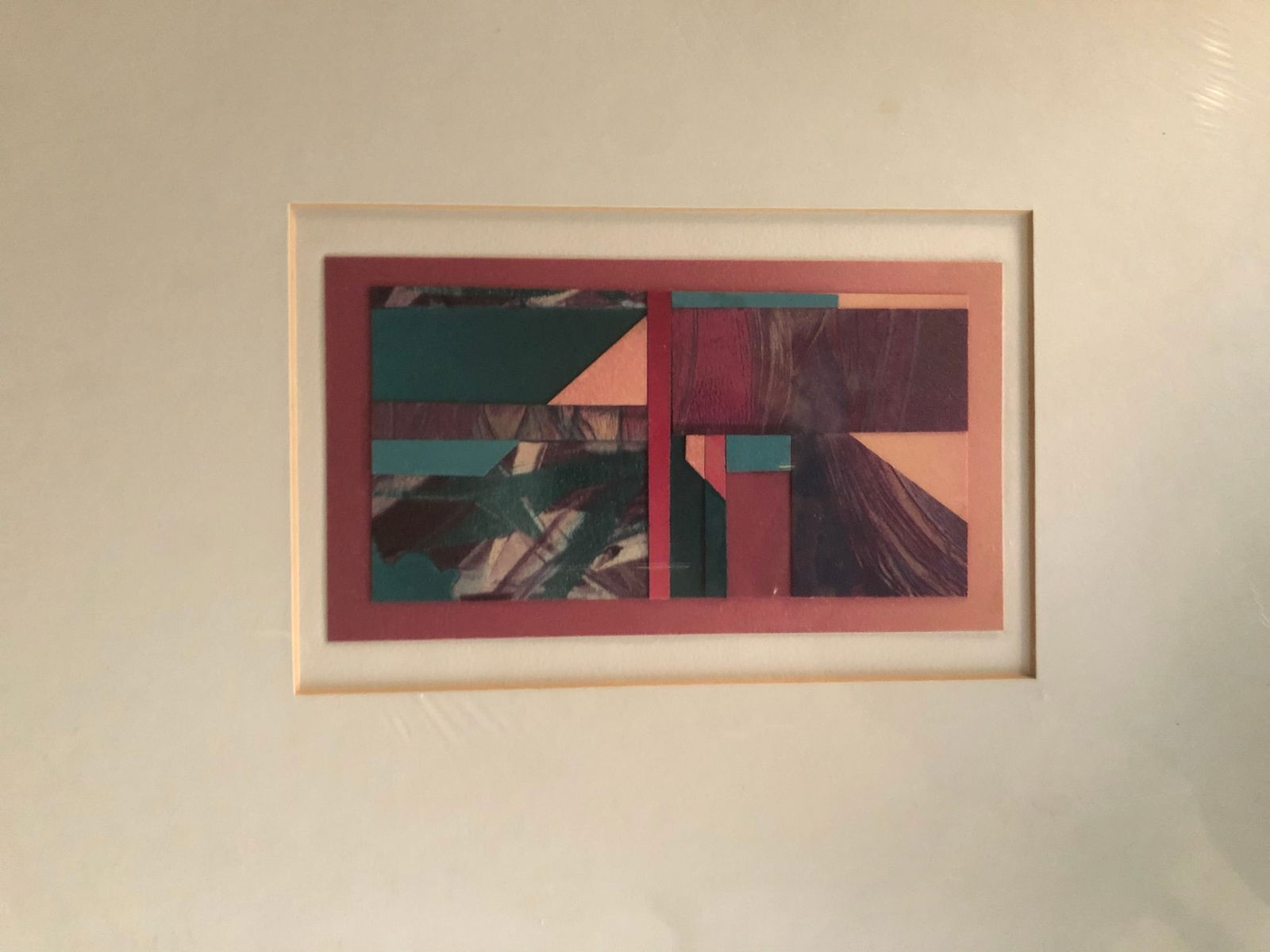 Ellen Kieffer Mix Media Signed: Ellen Kieffer - Collage Mix Media Print Signed verso (photo was taken w/ plastic over the art) Mat: 17 3/8 x 14 Site 9 1/4 x 6 Kieffer was a bay area artist w/ a Masters of Fine Arts in Printmaking. H