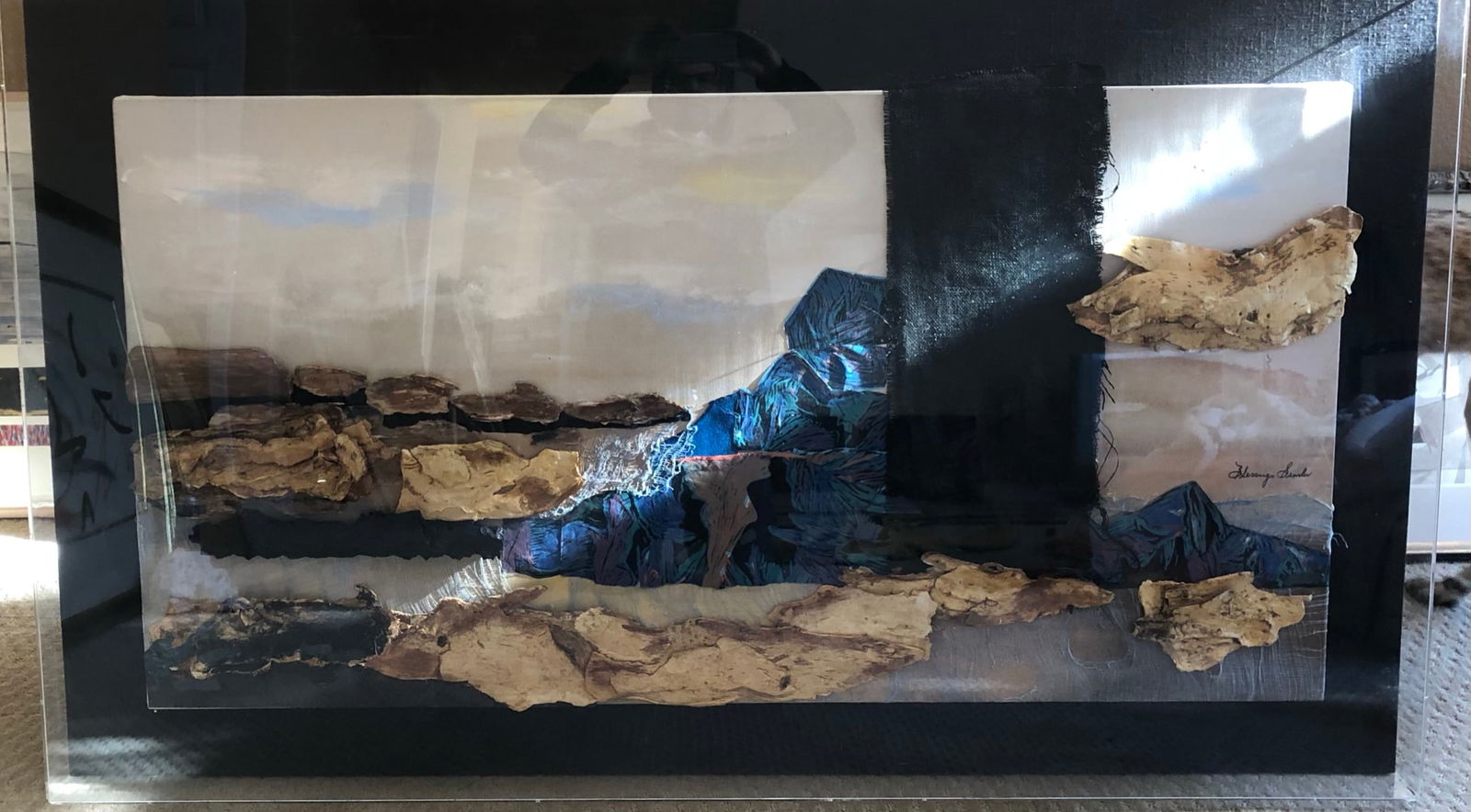 Blessing Semler (1916-2018) Mix media painting and collage on canvas: Blessing Semler (1916-2018) Mix Medium Painting and Collage on Canvas in Plexi Box. Fabrications and Paints. Signed lower right. Dimension: 34 1/4 x58" x 3" . There is a great book out on her life and