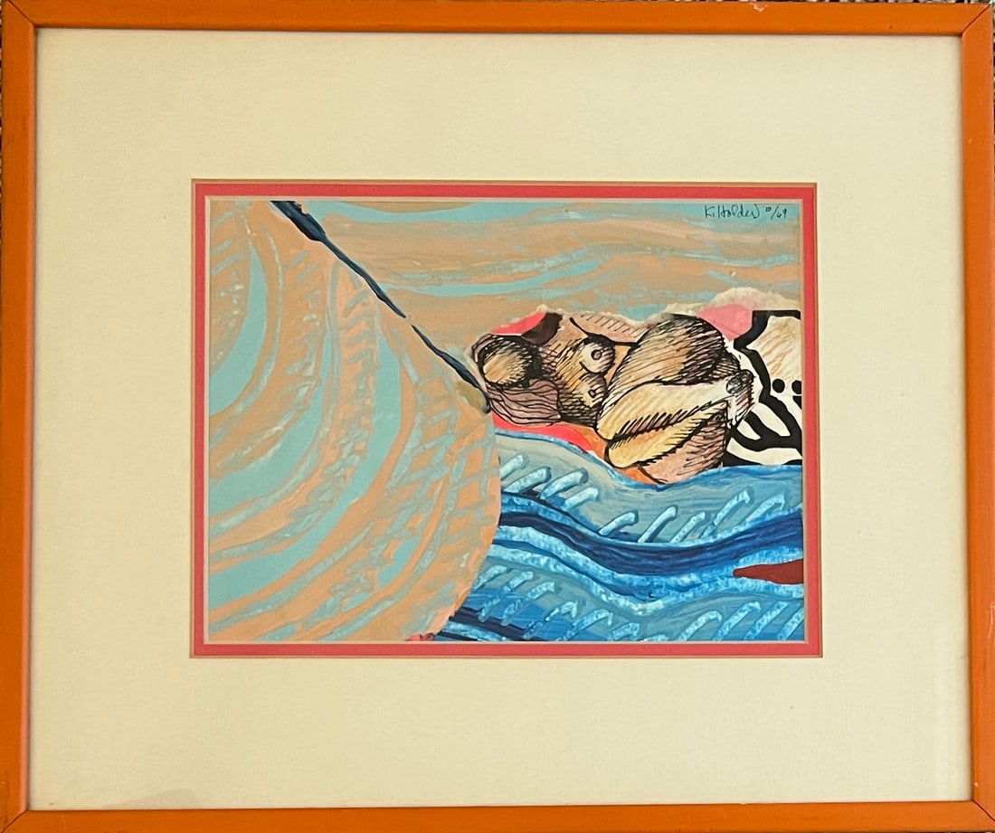 Ken Holder (1936-2018) Texas -Mid Century Mix Medium painting, ink, collage: Ken Holder (1936-2018) Texas Mix medium consisting of paint, ink and collage. Signed and dated upper right. Year: 1969 Frame: 14 1/2 x 17 Sight: 8 x 10" Beautifully framed.