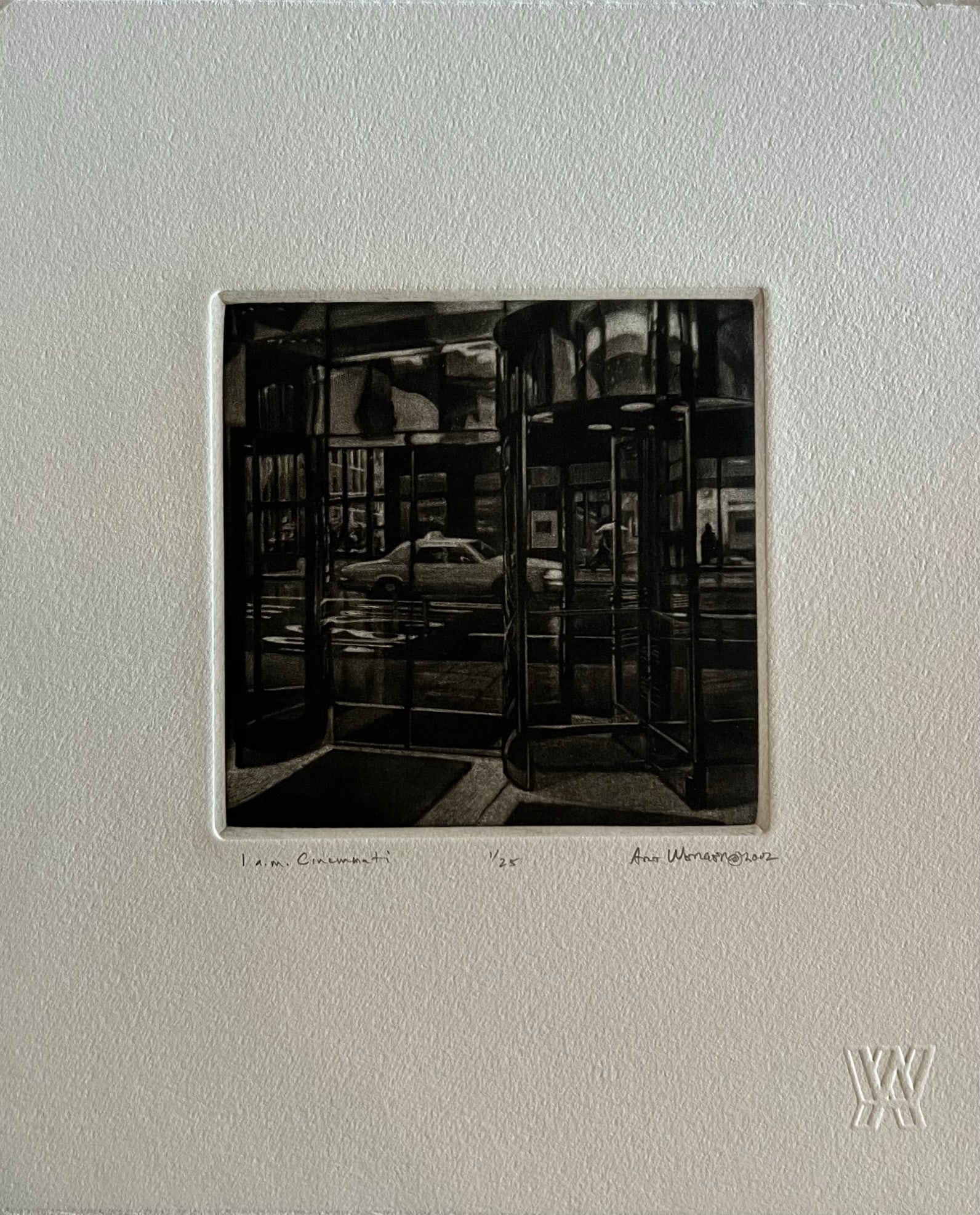 Art Werger (1955-) Mezzotint: Art Werger (1955-) Title: 1 AM Cincinatti Series: Time frames from Midnight to Midnight Year: 2002 Type: Mezzotint. Title inscribed in pencil under the image, signed and dated. AW= artist embossed sta
