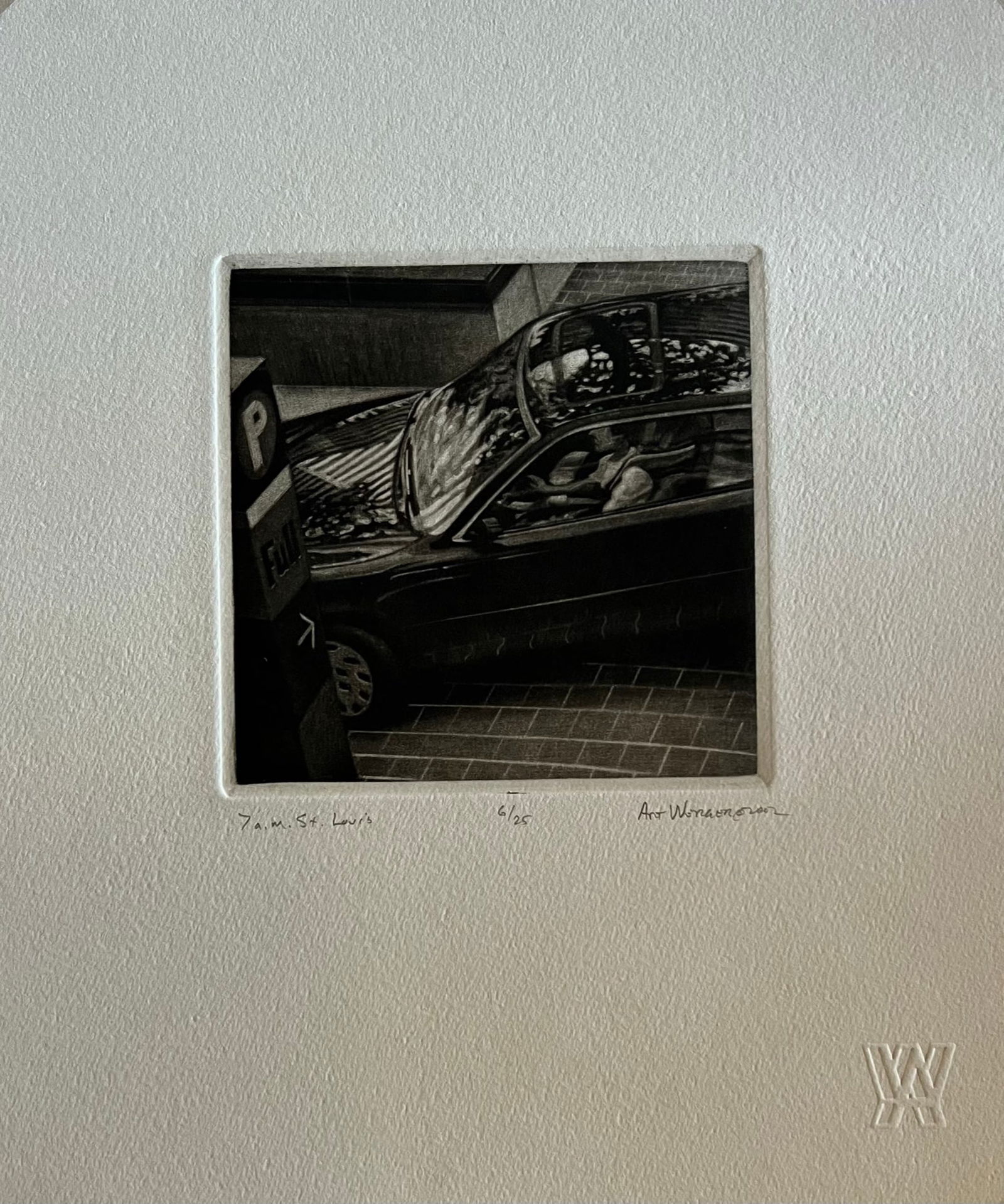 Art Werger (1955-) Mezzotint: Art Werger (1955-) Title: 7 AM St Louis Series: Time frames from Midnight to Midnight Year: 2002 Type: Mezzotint. Title inscribed in pencil under the image, signed and dated. AW= artist embossed stamp