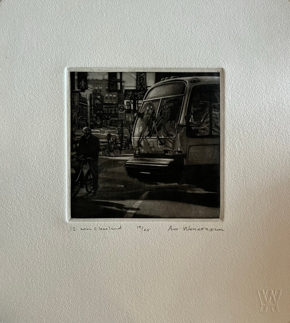 Art Werger (1955-) Mezzotint: Art Werger (1955-) Title: 12 Noon Cleveland Series: Time frames from Midnight to Midnight Year: 2002 Type: Mezzotint. Title inscribed in pencil under the image, signed and dated. AW= artist embossed s