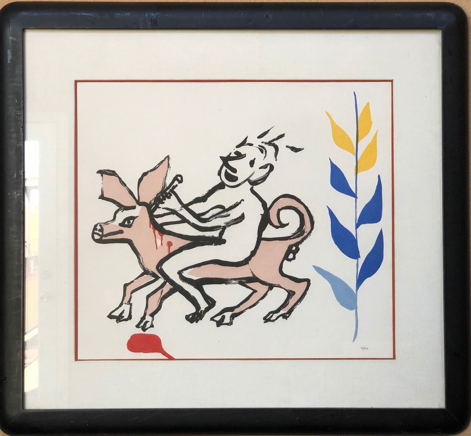 Alexander Calder- color aquatint from the Alan Kent set of 40 aquatints "Le Sacrilege of Alan Kent": Artist: Alexander Calder. (1898-1976)Title: Le Sacrilege of Alan Kent Year: 1975Medium: Color AquatintEdition: Edition of 200. Numbered 13 / 200 Printed and Published by: MaeghtFramed: Yes , with glas