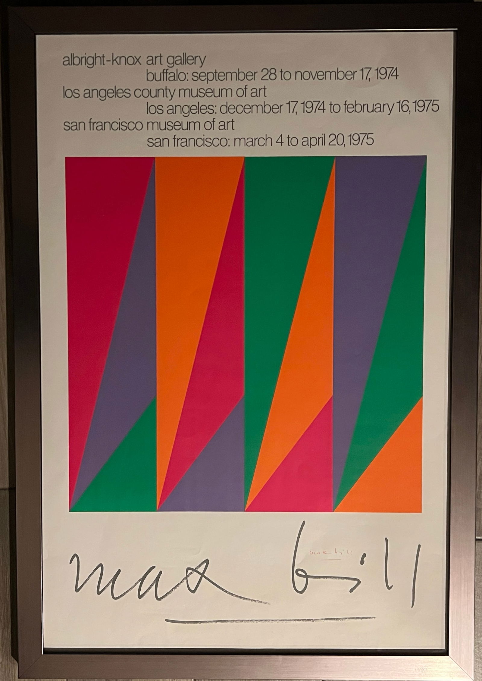 Max Bill serigraph 1974 RARE signed in red ink- Exhbition geometric abstract iconic print: Max Bill - rare " signed in red ink " Exhibition print from 1974. Albright-Knox , L A County Museum, SF Museum of Art 1974/75 , beautifully framed. Rare to have a signed on and in this spectacular