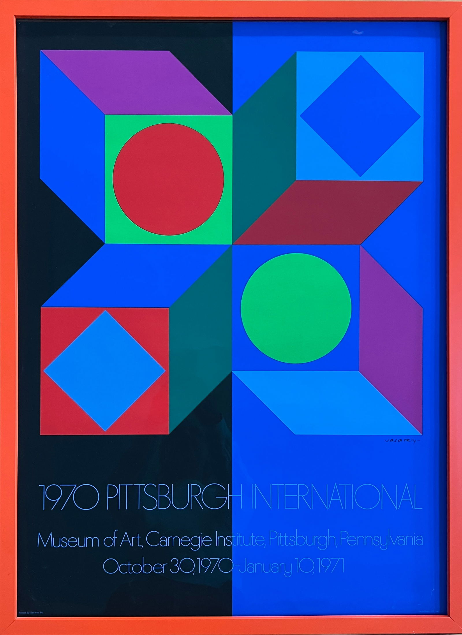 Vasarely 1970 Exchibition Print-Pittsburgh Intl Museum of Art- iconic Op Art: Vasarely - 1970 Pittsburgh International Museum of Art - Oct 30, 1970 - Jan 10, 1971. Beautiful iconid Vasarely. Beautifully framed. Dimension: 34 1/2 x 25" An iconic screeprint, a classic