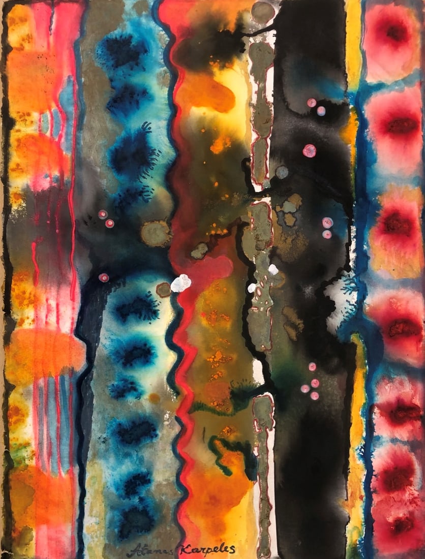 Atanas Karpelas - painting: Atanas Karpelas Title: Alchemy Year: 1999 Painting on paper - beautiful bold vivid colors Dimension: 30 x 22 1/2"