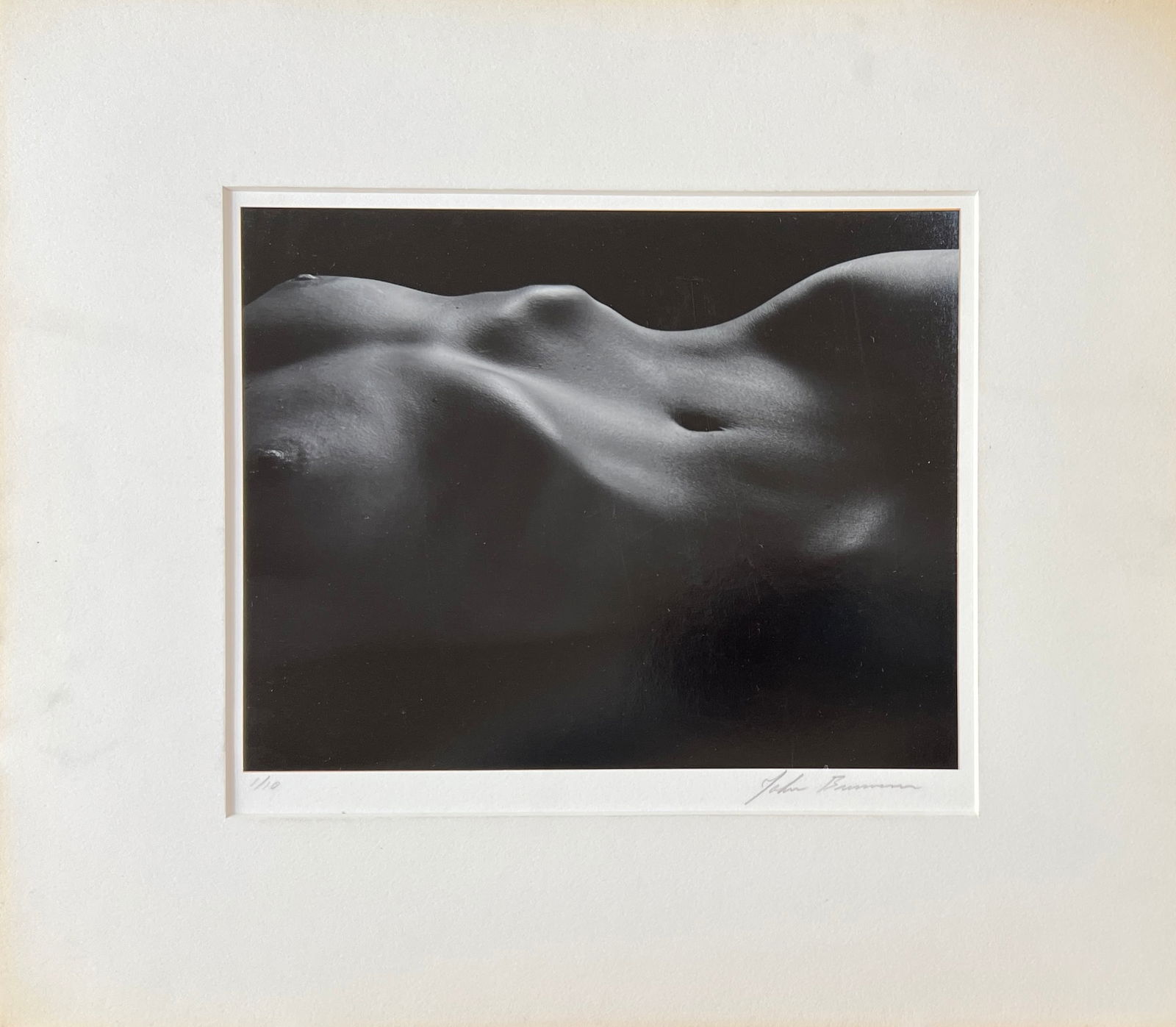 Nude silver gelatin photograph. Signed/Dated Brennan: John Brennan. Silver Gelatin Photograph . Nude woman torso. Title: Johanna. Edit 1/10. Signed lower right. Mat: 14 x 16" Image: 7.5 x 9.5. Verso : title, year 1982, special edition