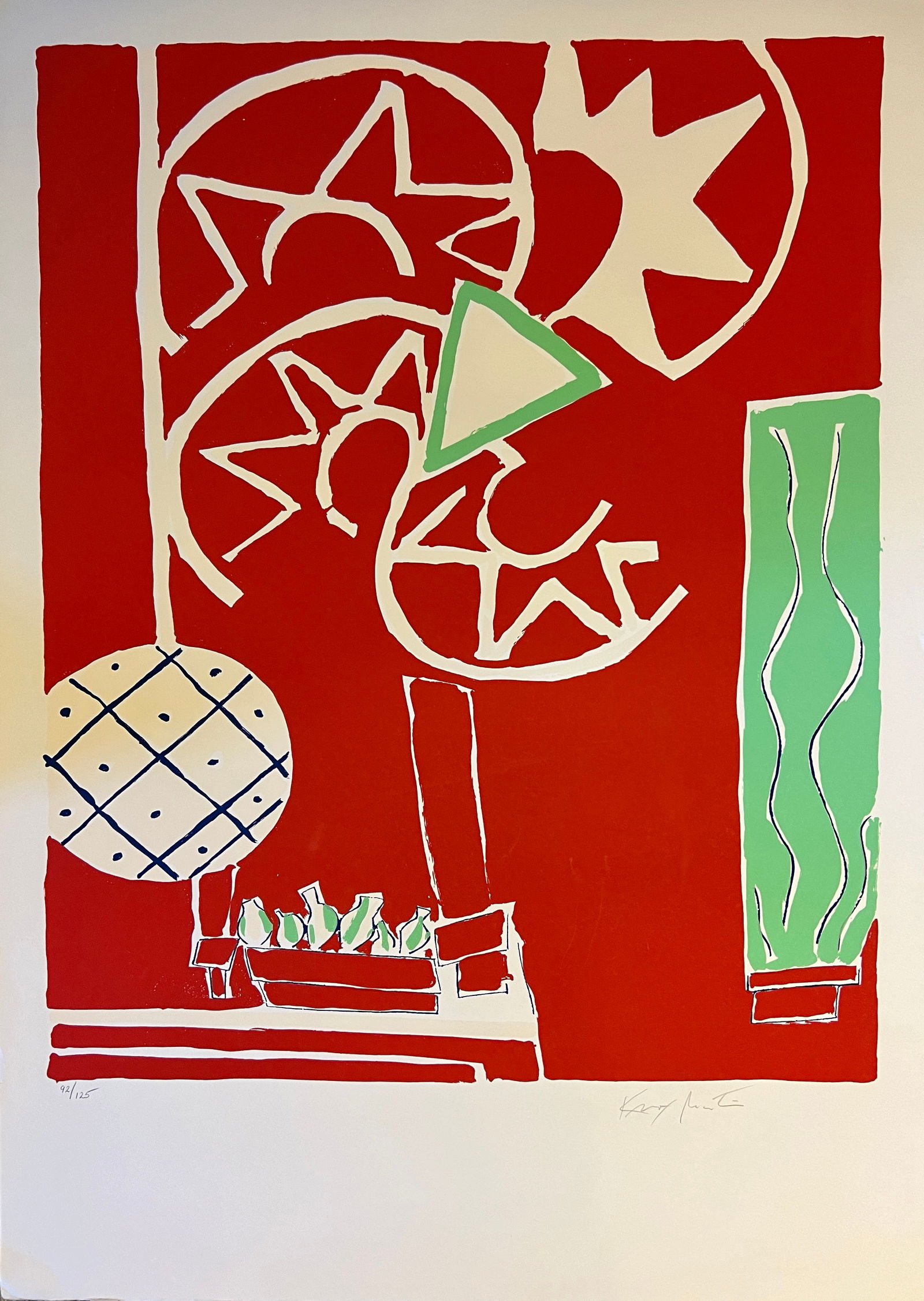 Knox Martin (1922-2022) signed: Knox Martin ( 1923-2022) Serigraph in colors - Signed lower right. Edition # 92 / 125. Dimensions : 41 x 29 3/8" Year: 1975 Born in Columbia, Studied at the Art Students League of NY