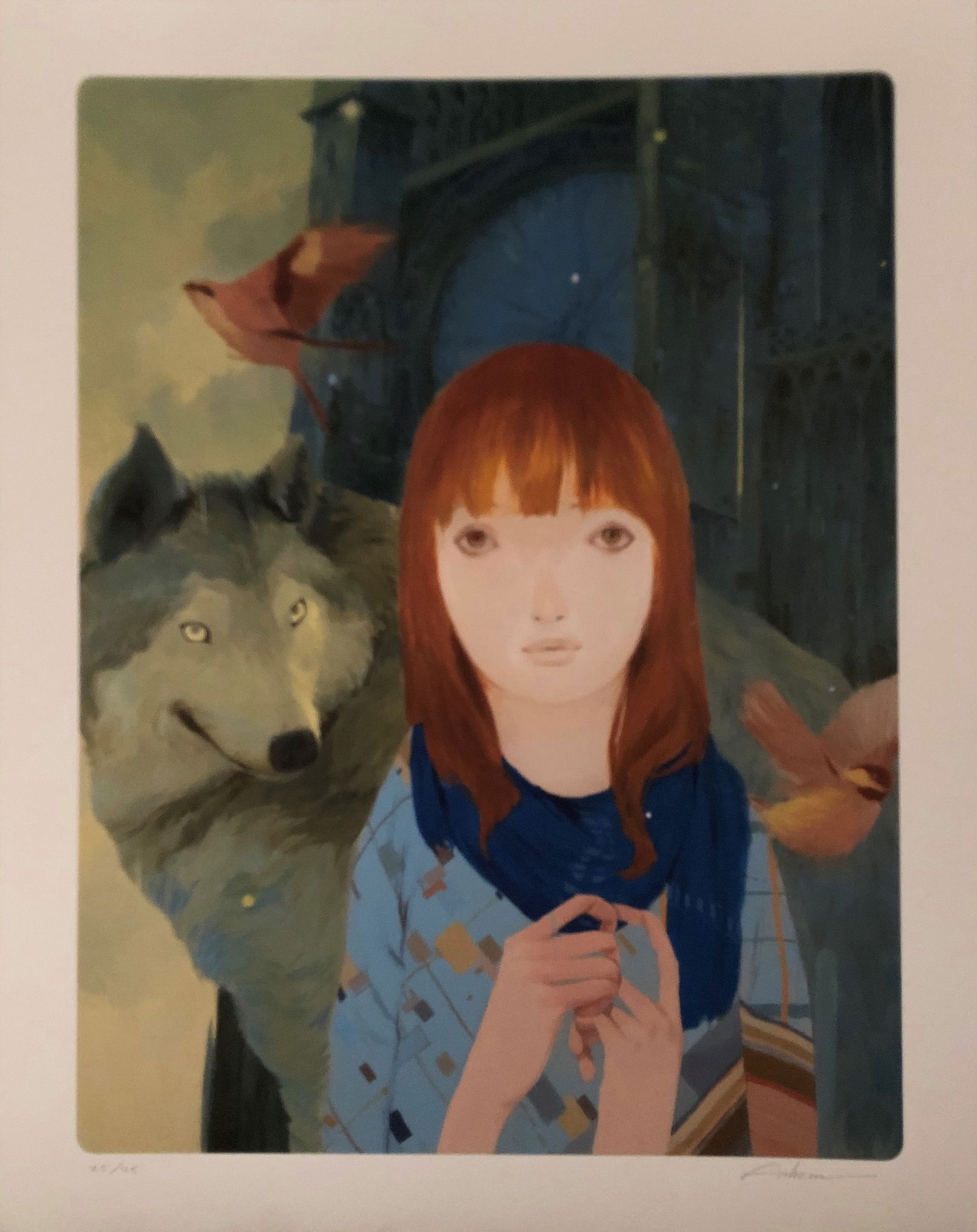 Andrew Hem- color giclee signed from numbered edition: Artist: Andrew HemTitle: Girl With Wolf and BirdsColor Print Signed in PencilEdition size: 25 Dimension: image : 13 x 10". Sheet: 15 3/8 x 12"Condition: MINT This is such a great work by