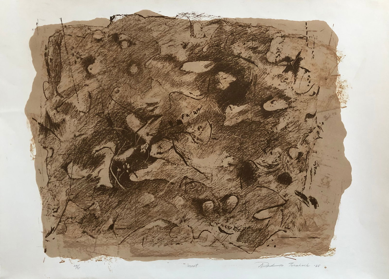 Rikio Takahashi 1965 signed woodblock: Rikio Takahashi (1917-1999) One of Japans prominent Sosaku Hanga artists. Gorgeous woodlblock. Signed lower right. Dated '65 Dimension 18 1/2 x 26" He studied woodblock printing with Koshiro