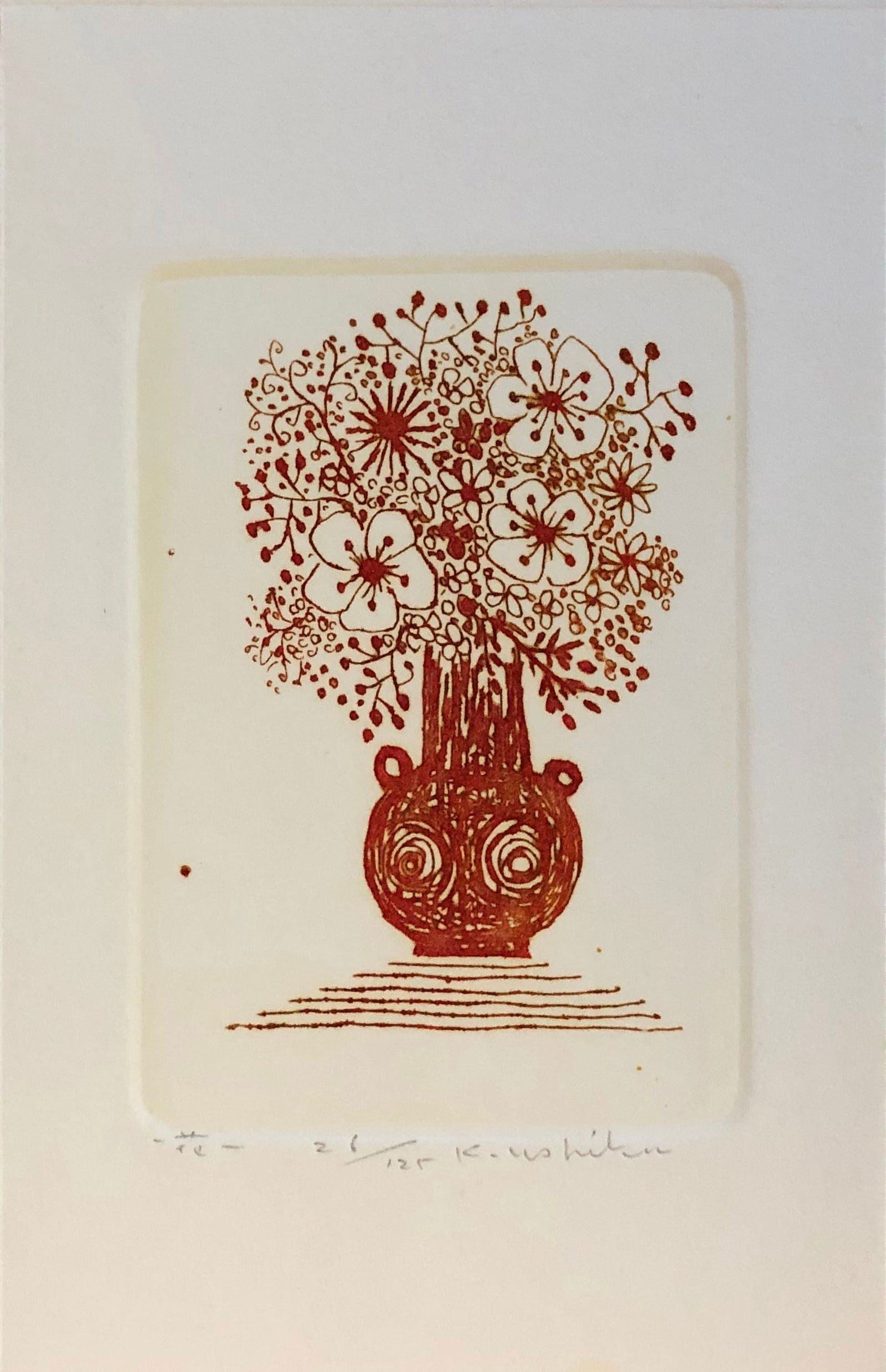 KENJI USHIKU ( 1922-2012) - Color Etching " Vase": Kenji Ushiku (1922-2012) Beautiful color etching 26 / 125 Signed lower right. Dimension image 4 x 3" Sheet 6 x 4"