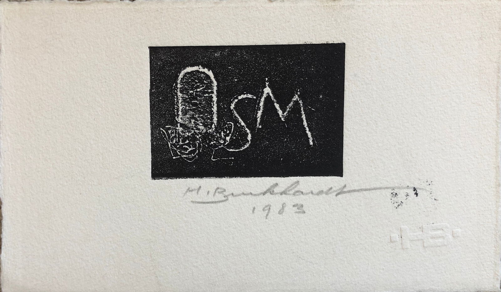 Hans Burkhardt (1919-2011) Swiss / American: Hans Burkhardt - Linocut - Signed / Dated 1983 Watermark " HB " lower right. Sheet 4 x 7"