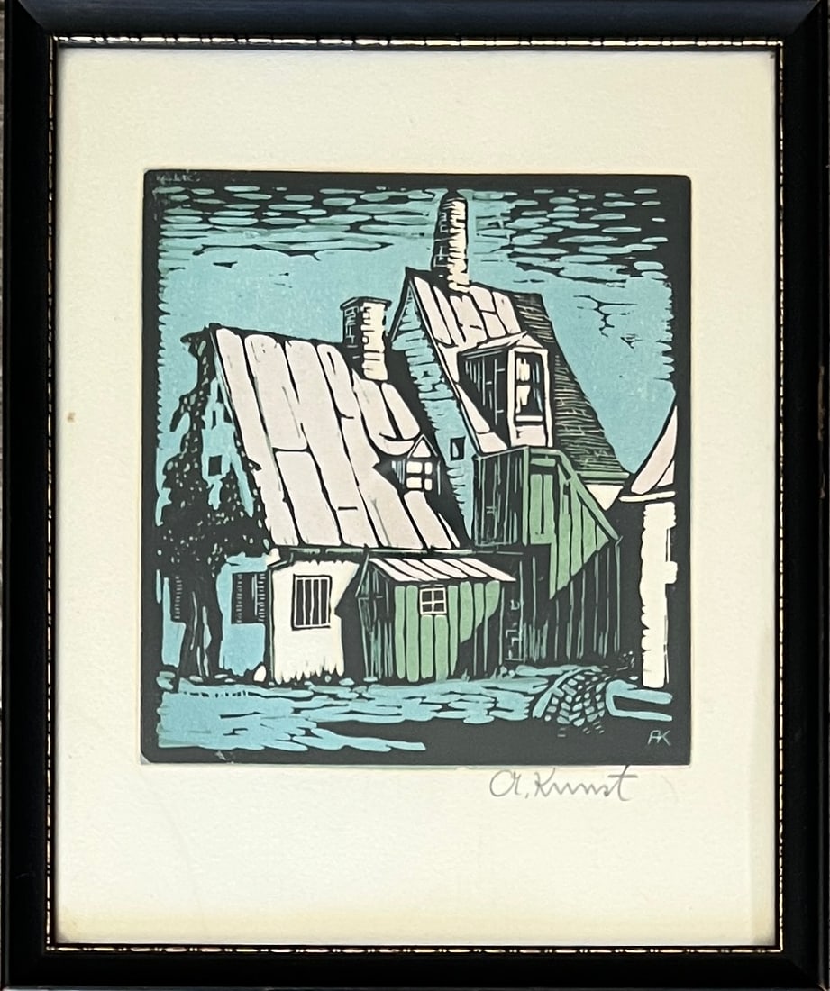 Kunst - pair of mid century color woodblocks: Artist - Kunst. Pair of beautiful color woodcuts. Each signed. Dimension: Frame: 10.75 x 8.75 Art: 6.5 x 6. Black matching wood frames