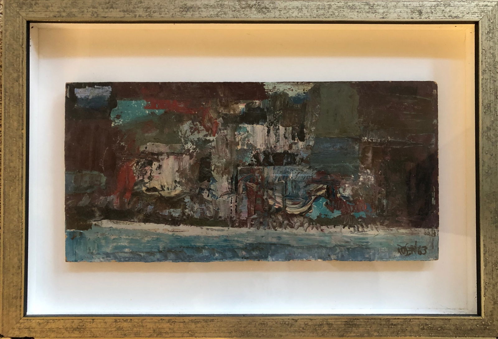 Rosen - Mid Century Abstract signed/dated: Artist: Rosen Type: Painting on wood Signed: yes lower right Dated: yest 1963 Abstract mid century Dimensions: Art : 5 3/4 x 12 " Frame: 10 5/8 x 15 1/2"