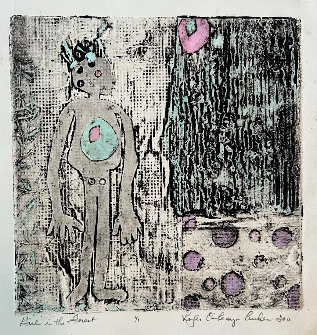 Roger O' Leary Archer (1947-2021) -Etching 2011 Edition 1/1: Roger O' Leary Archer - Rare edition 1/1 Title : Girl in the Forrest Signed lower right and Dated 2011 Etching 11 x 11" Provenance : from artist studio