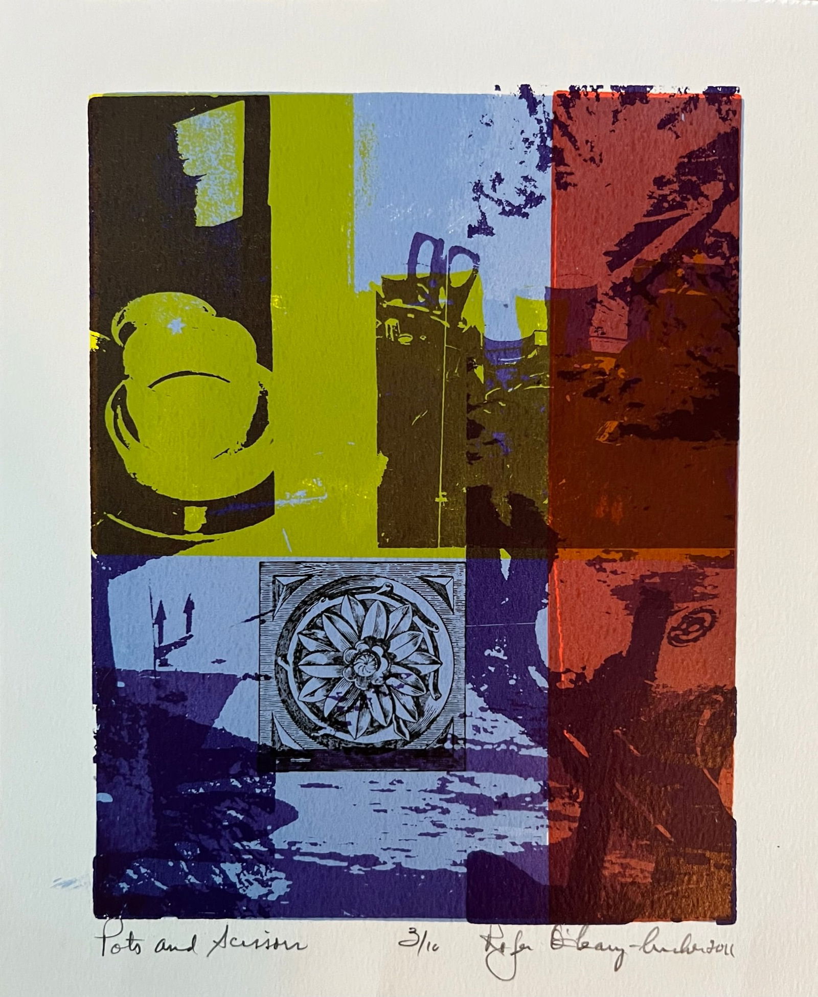 Roger O' Leary (1947-2021) Signed/ Dated: Roger O' Leary Archer - Title : Pots and Scissor Edition: 3/10 Signed lower right and Dated 2010 Dimension: 11 x 9" Beautiful colors Archer was a master of color and various printing