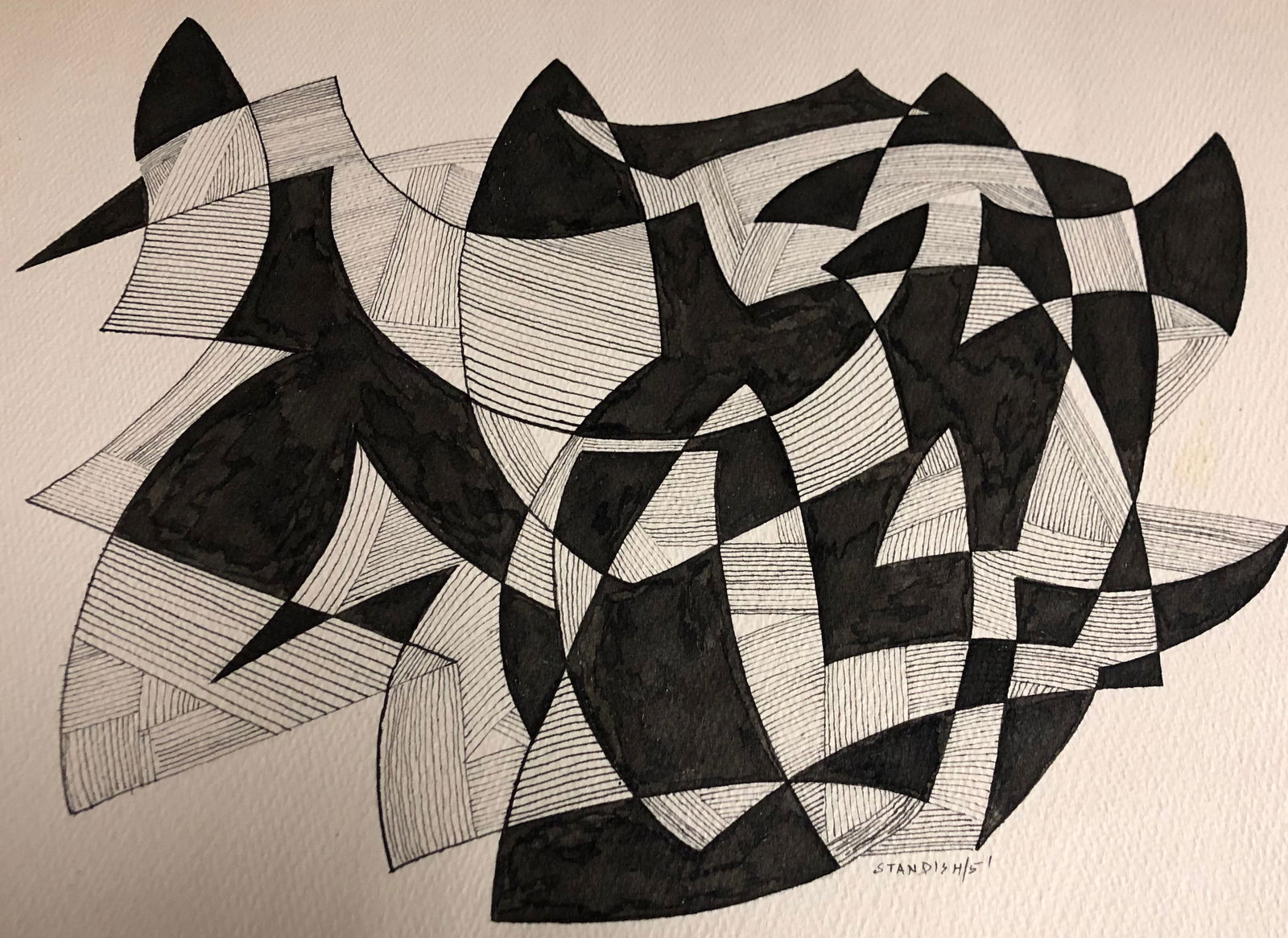 Schuyler Standish ( 1927-2010): Schuyler Standish - Black ink w/ possible paint as well. Great RARE abstract by Standish. Dated 1951. Signed. Size: 15 1/8" x 22 1/8". This is quite a scarce work and would look great framed. 